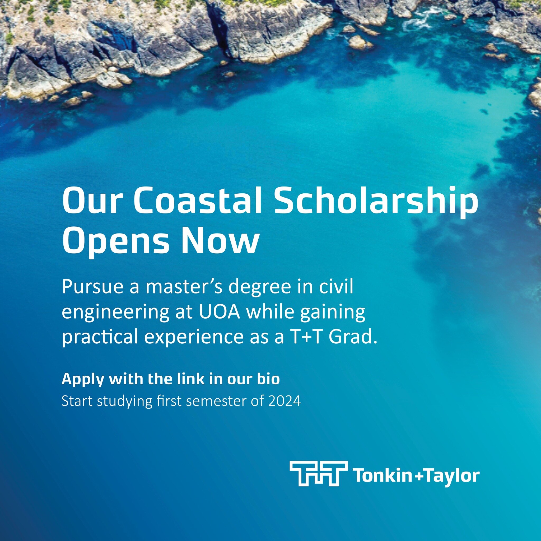 🌊 Our Coastal Scholarship is now open for applications! 🌊

Dive into the world of coastal engineering with this incredible opportunity. Our scholarship will support a grad from Tonkin + Taylor in pursuing a part-time Master of Engineering at the Un