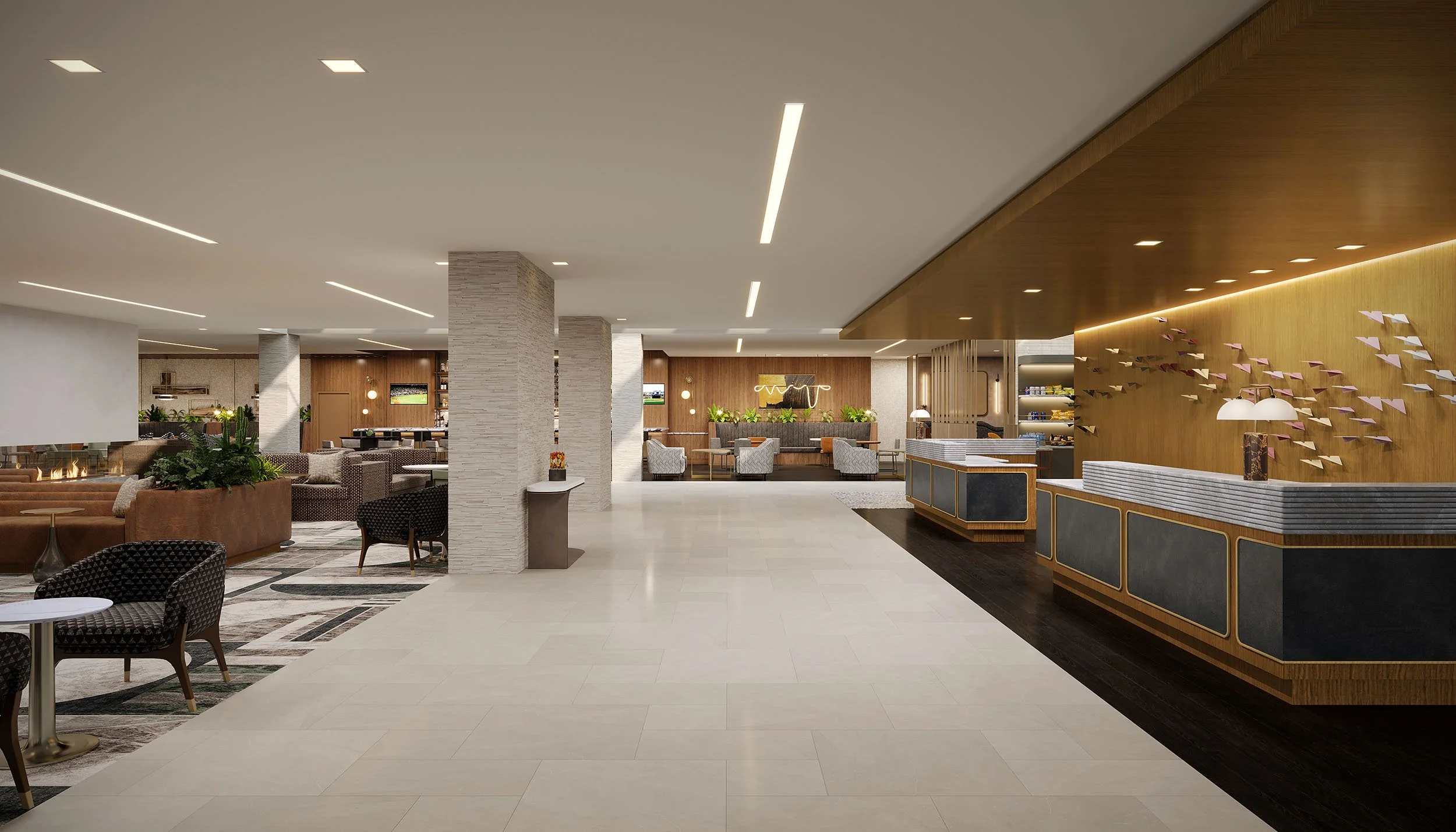 Leather and walnut reception desk with paper airplane installation
