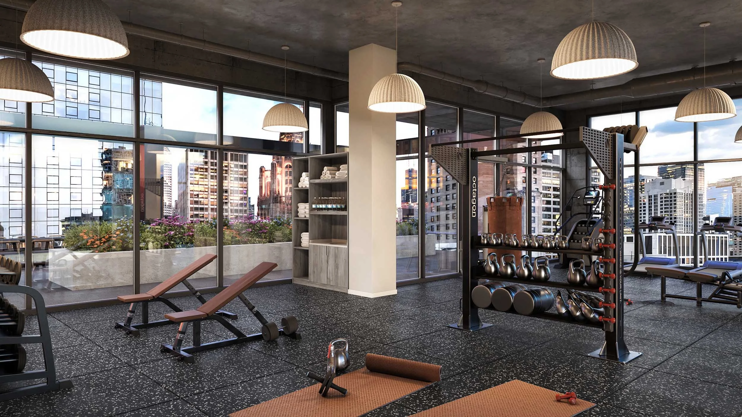 Modern fitness center with brown leather details