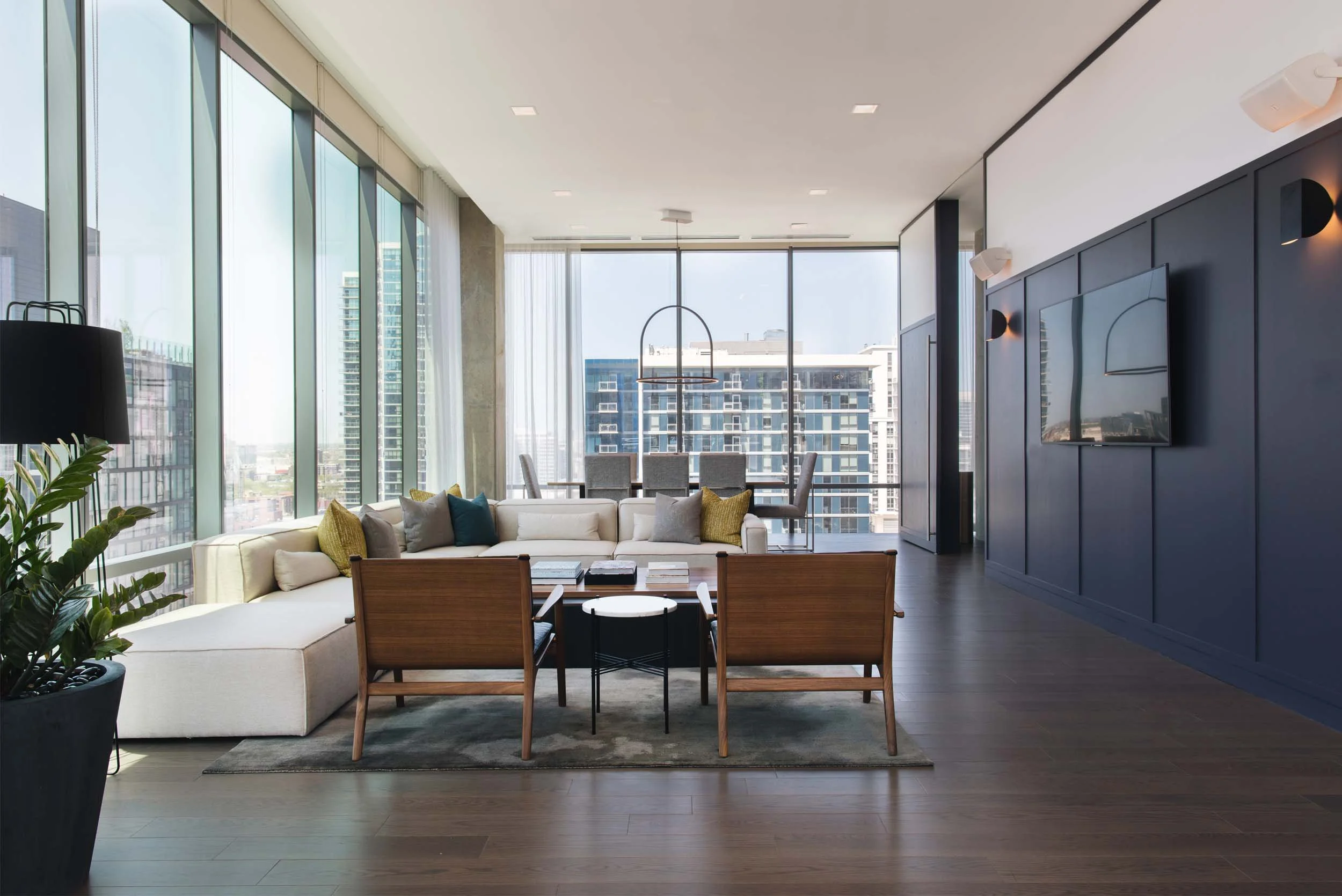 Rentable sky level party lounge with purple wall trim