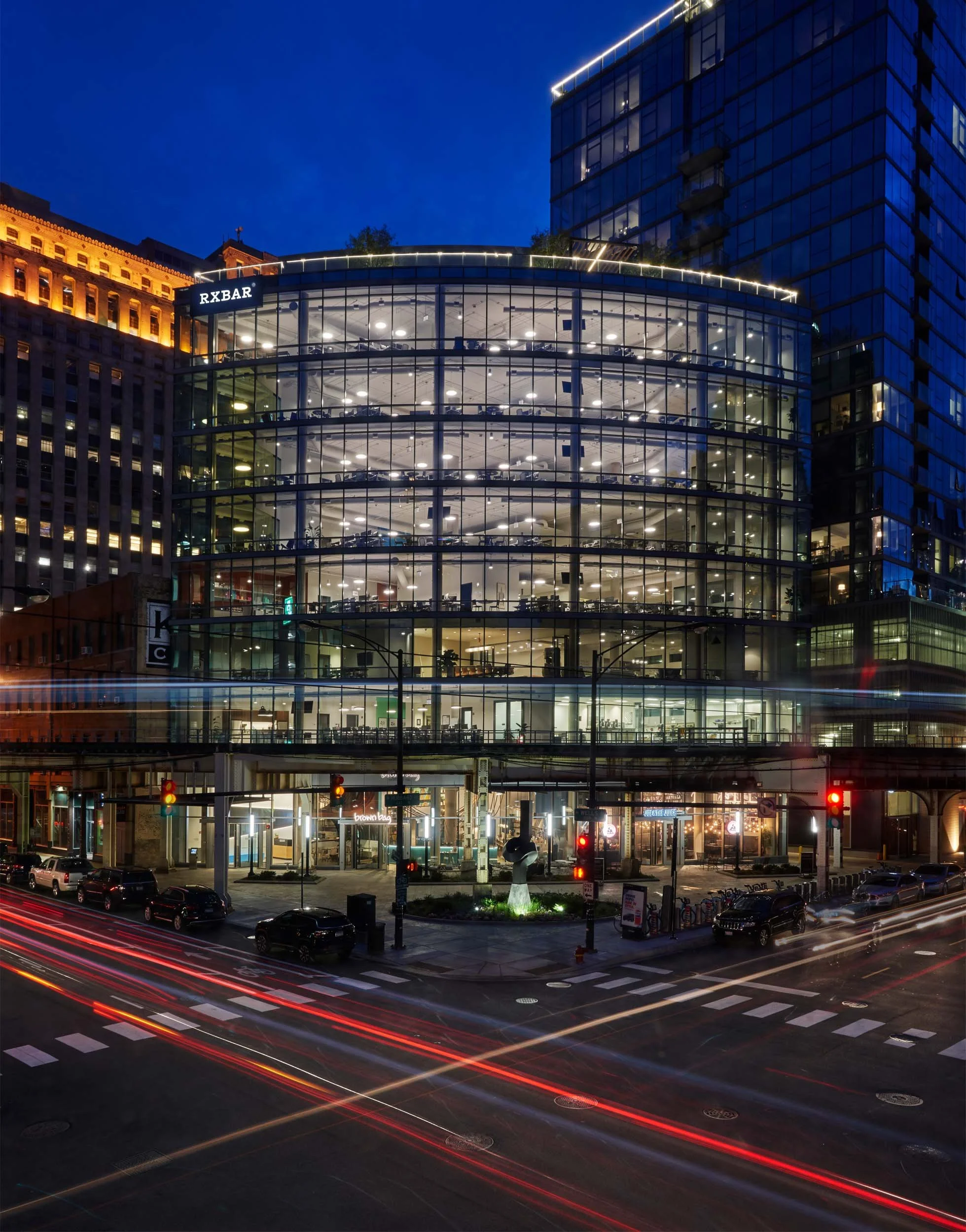 RXBAR offices at night in River North