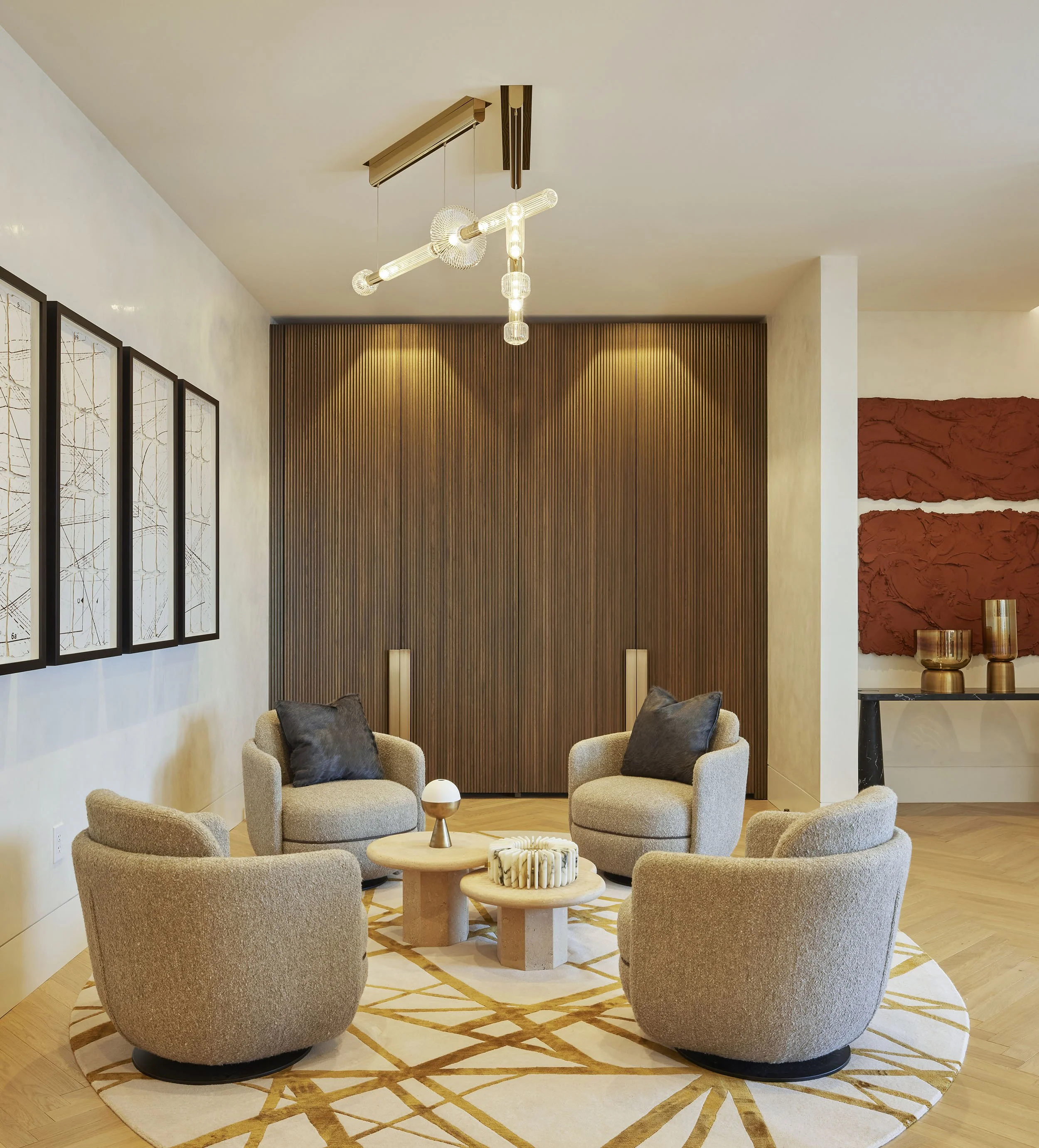 Entry lounge with tambour millwork