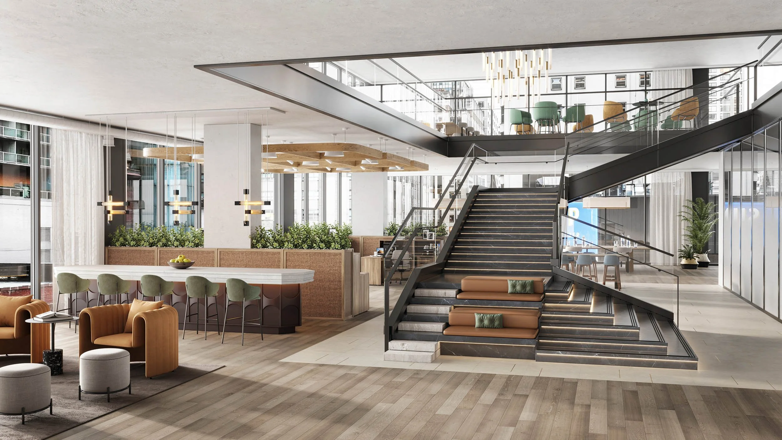 Monumental steel stair in the center amenity space of an office environment