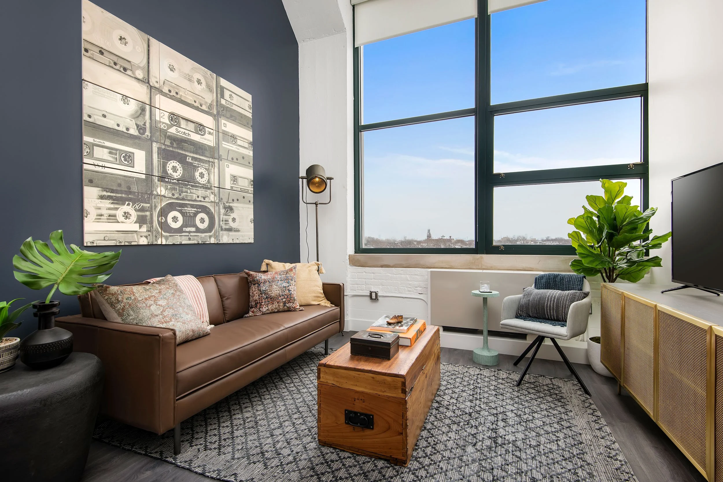 Studio living room with industrial vibe