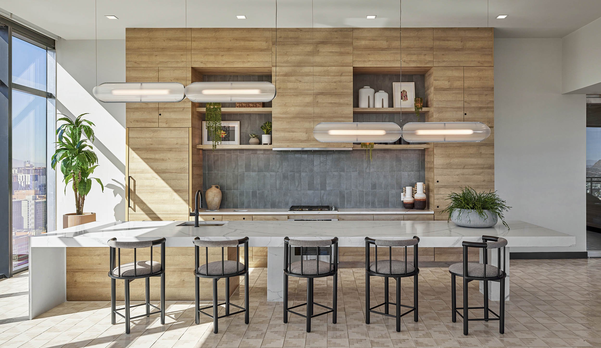 Oak kitchen, blue backsplash, ebony stools