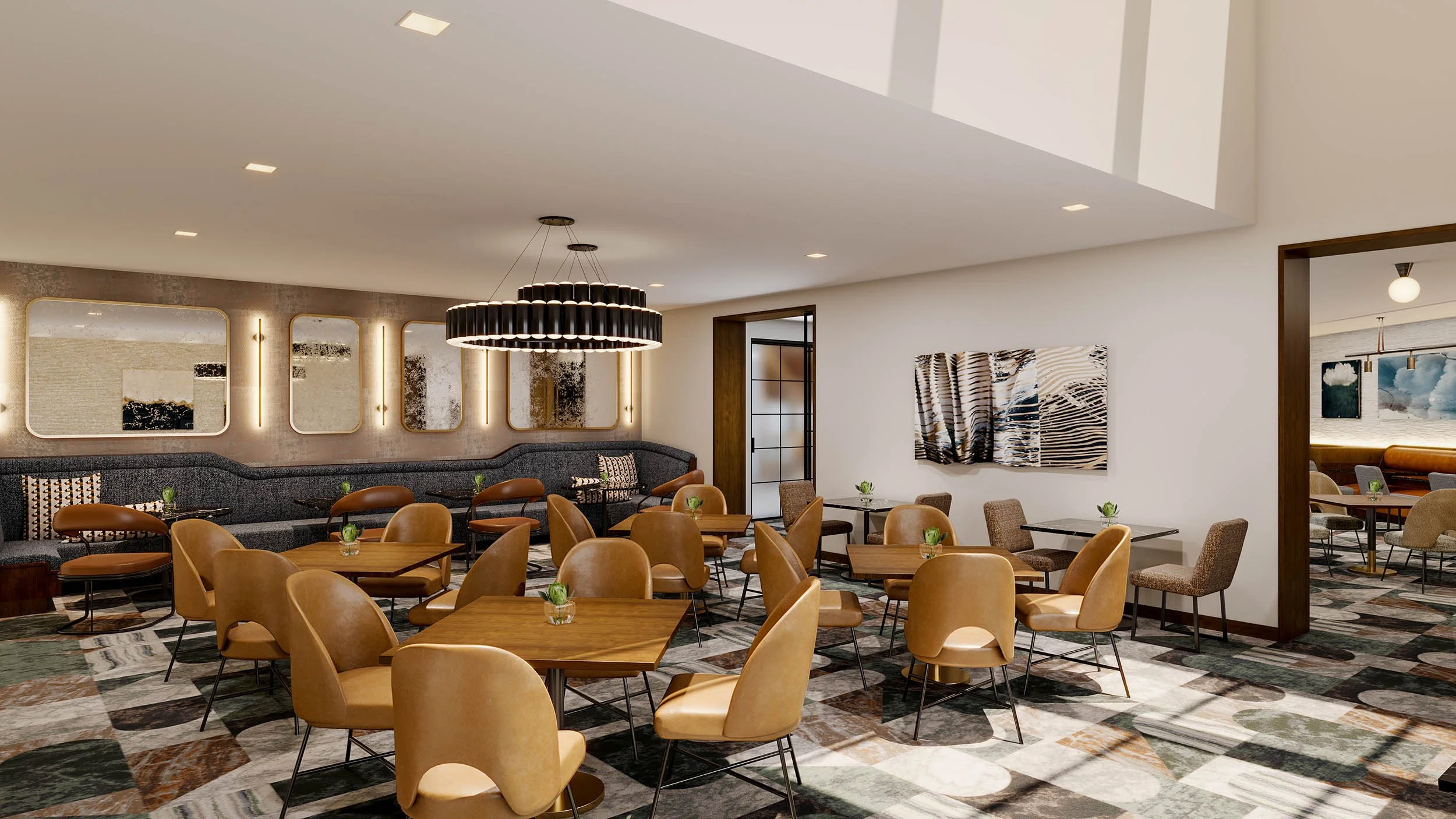 Dining and bar lounge with straight run banquette