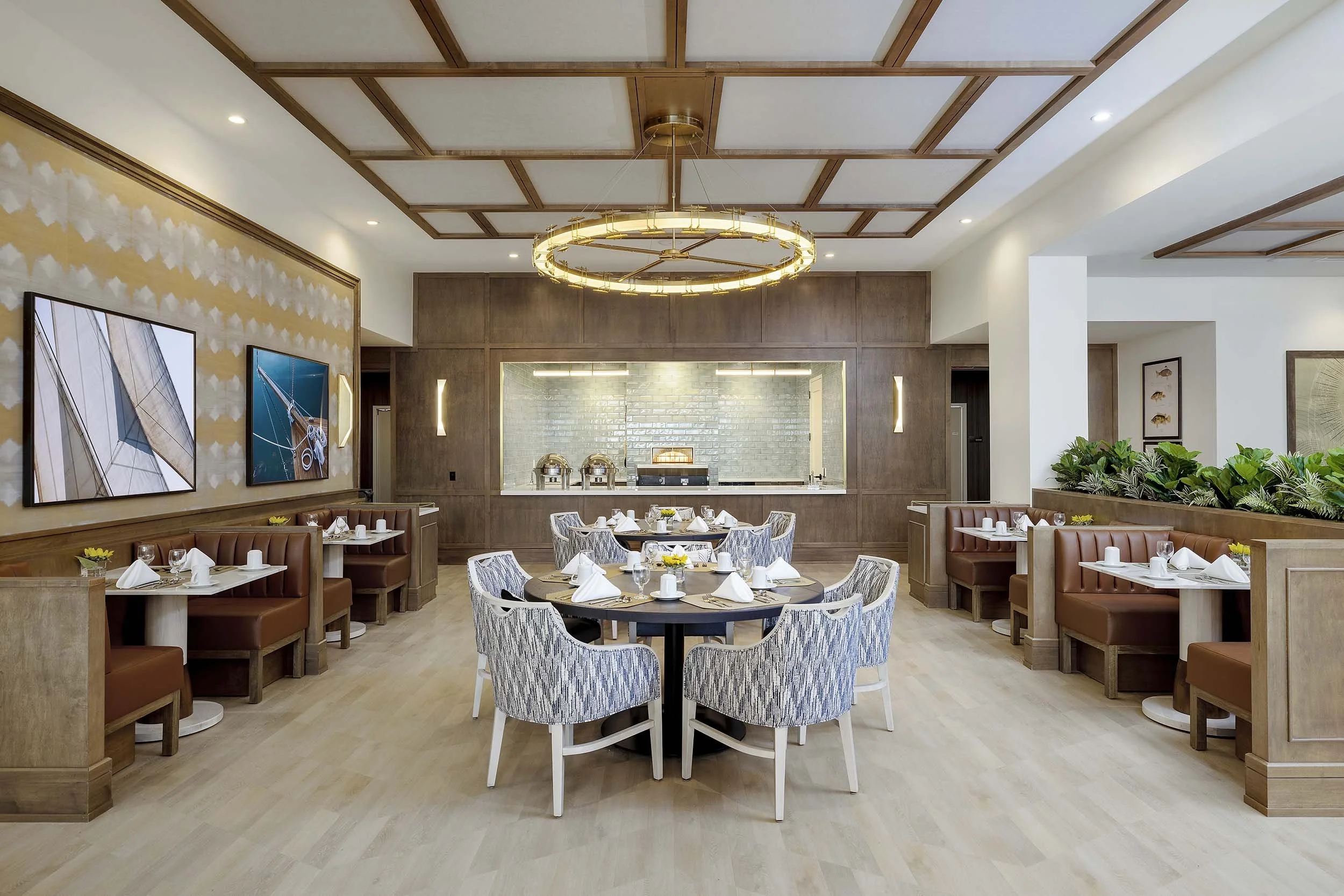 Open hearth kitchen in senior living dining room