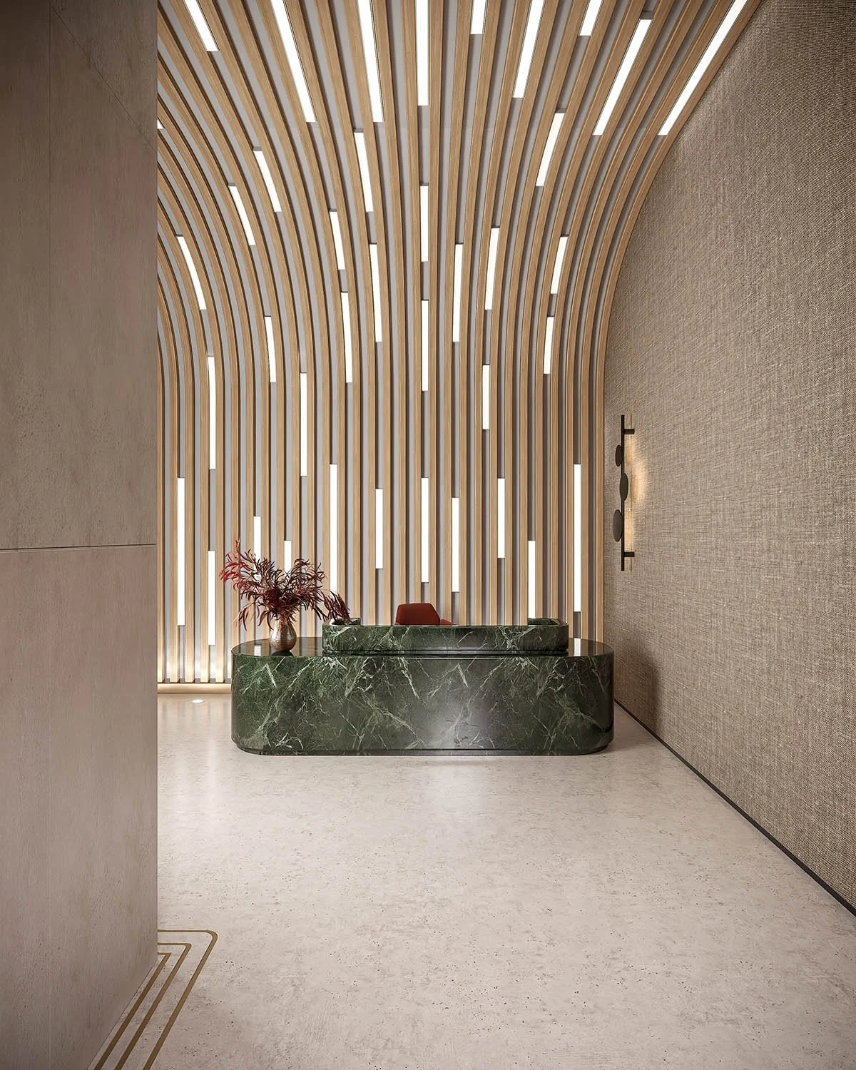Arched ceiling lobby with wood slates and integrated linear lighting, complete with green marble desk