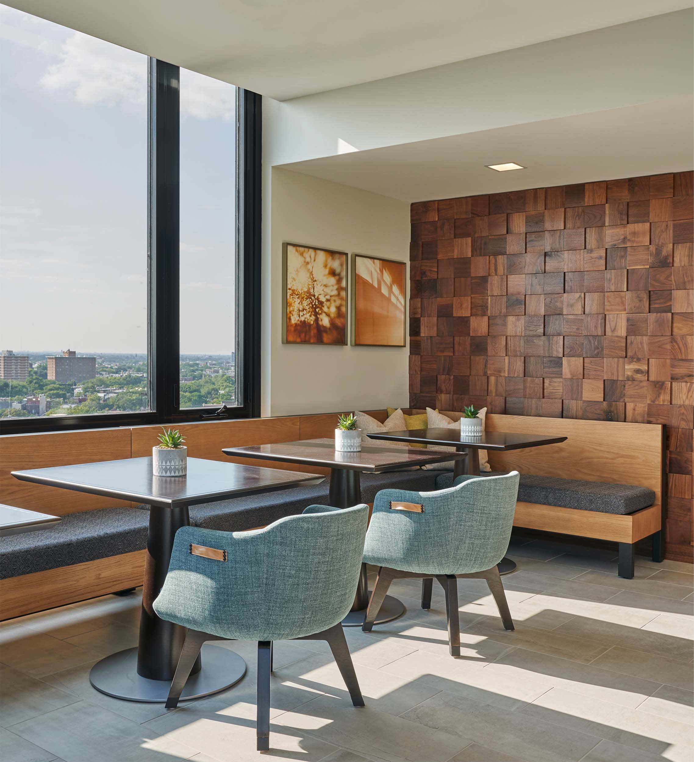 Study banquette with end grain wood wall.