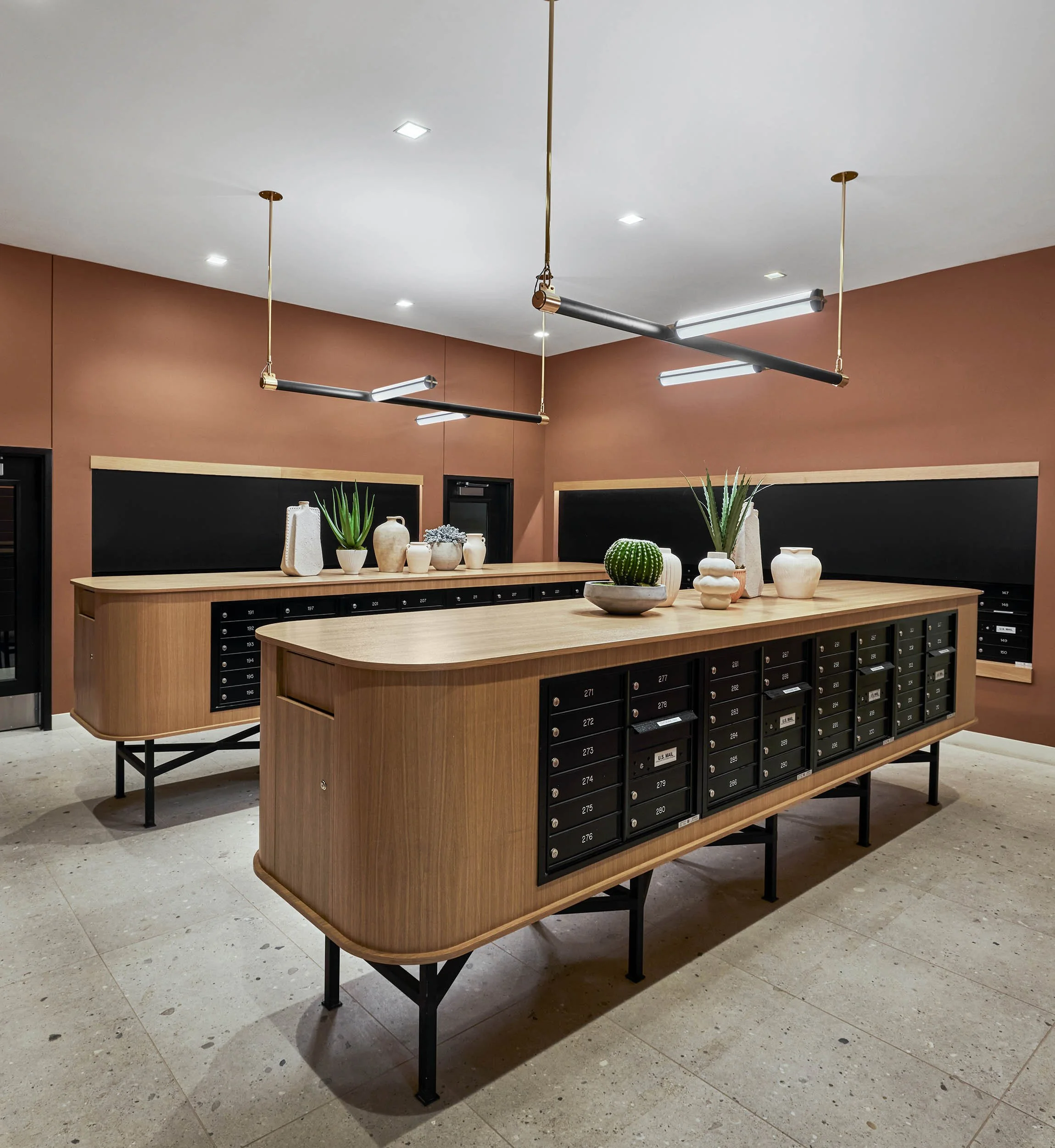 Terracotta walls, sophisticated mailroom