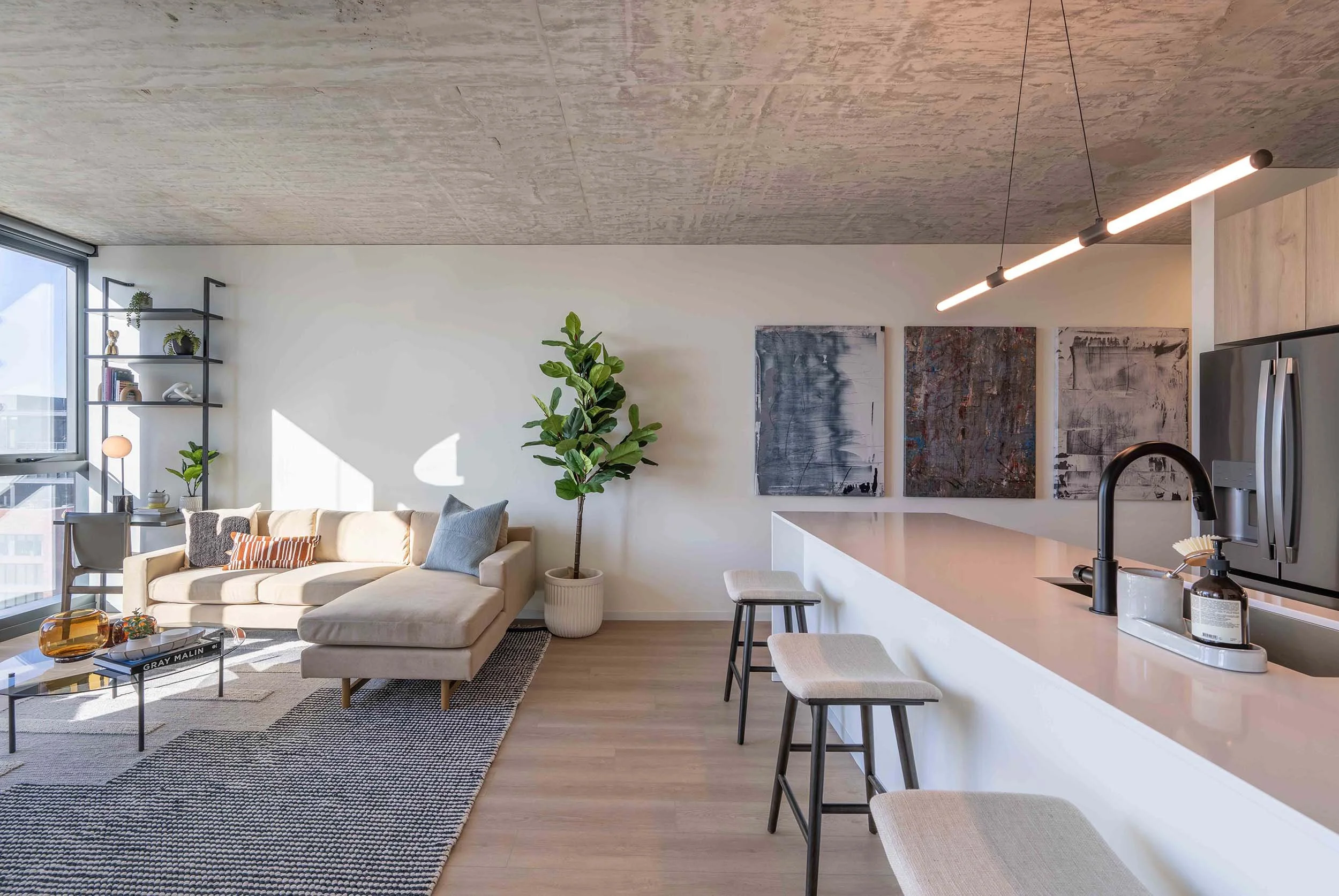 Large living room and kitchen with light wood floors and concrete ceiling