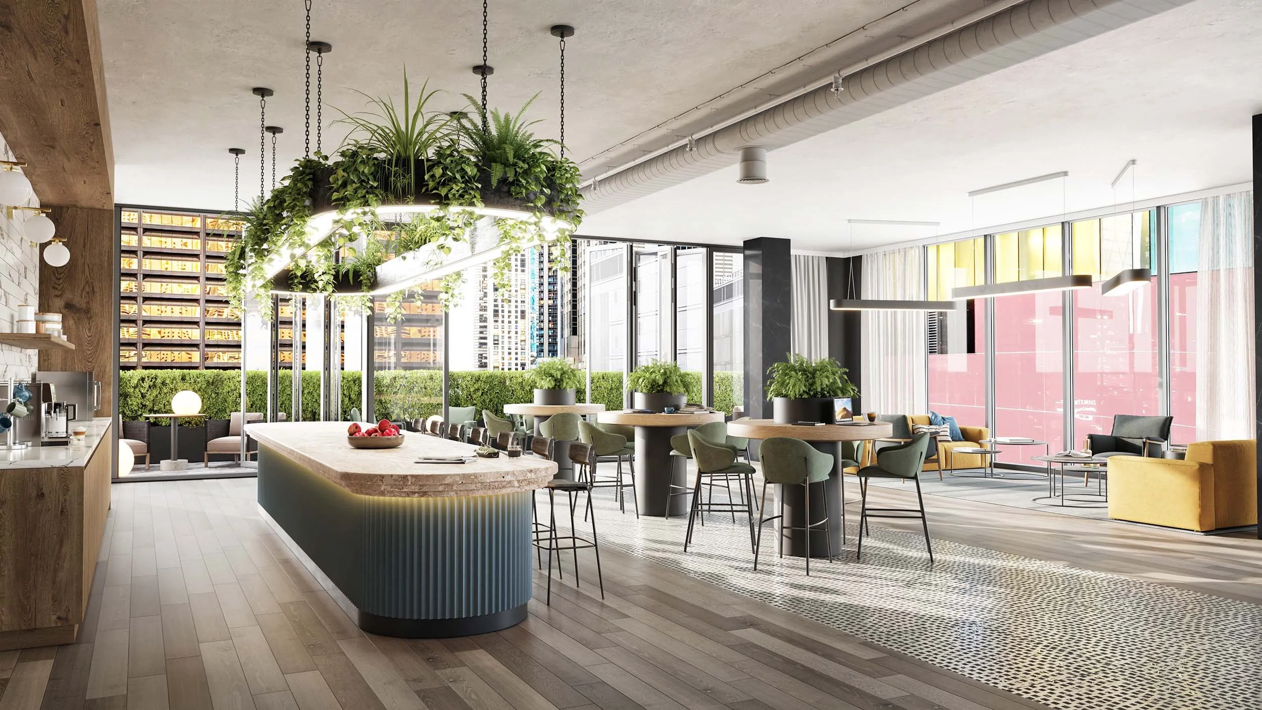 Fluted kitchen island and amenity lounge within Class A office building