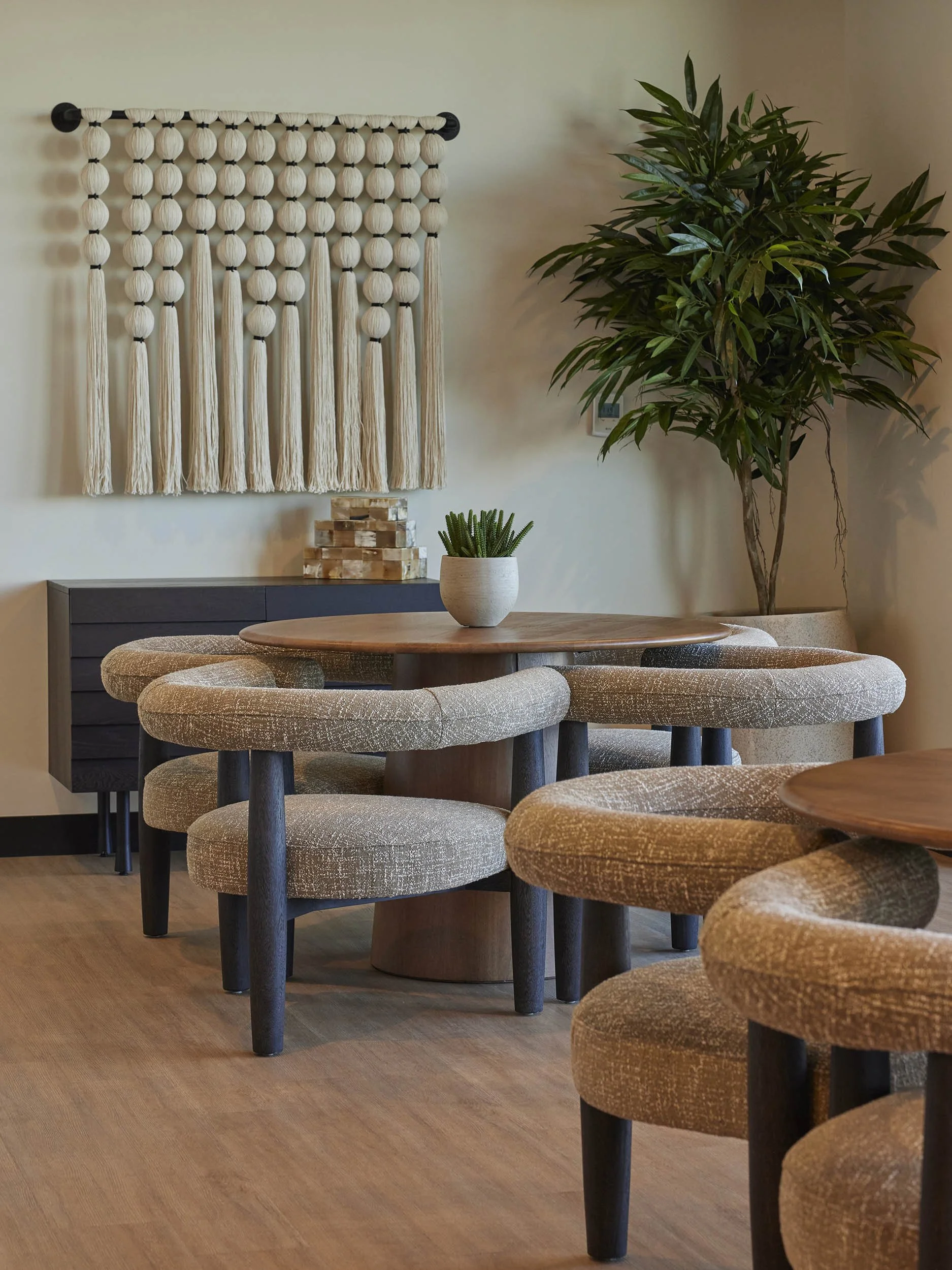 Curved lounge chairs, installation textile art