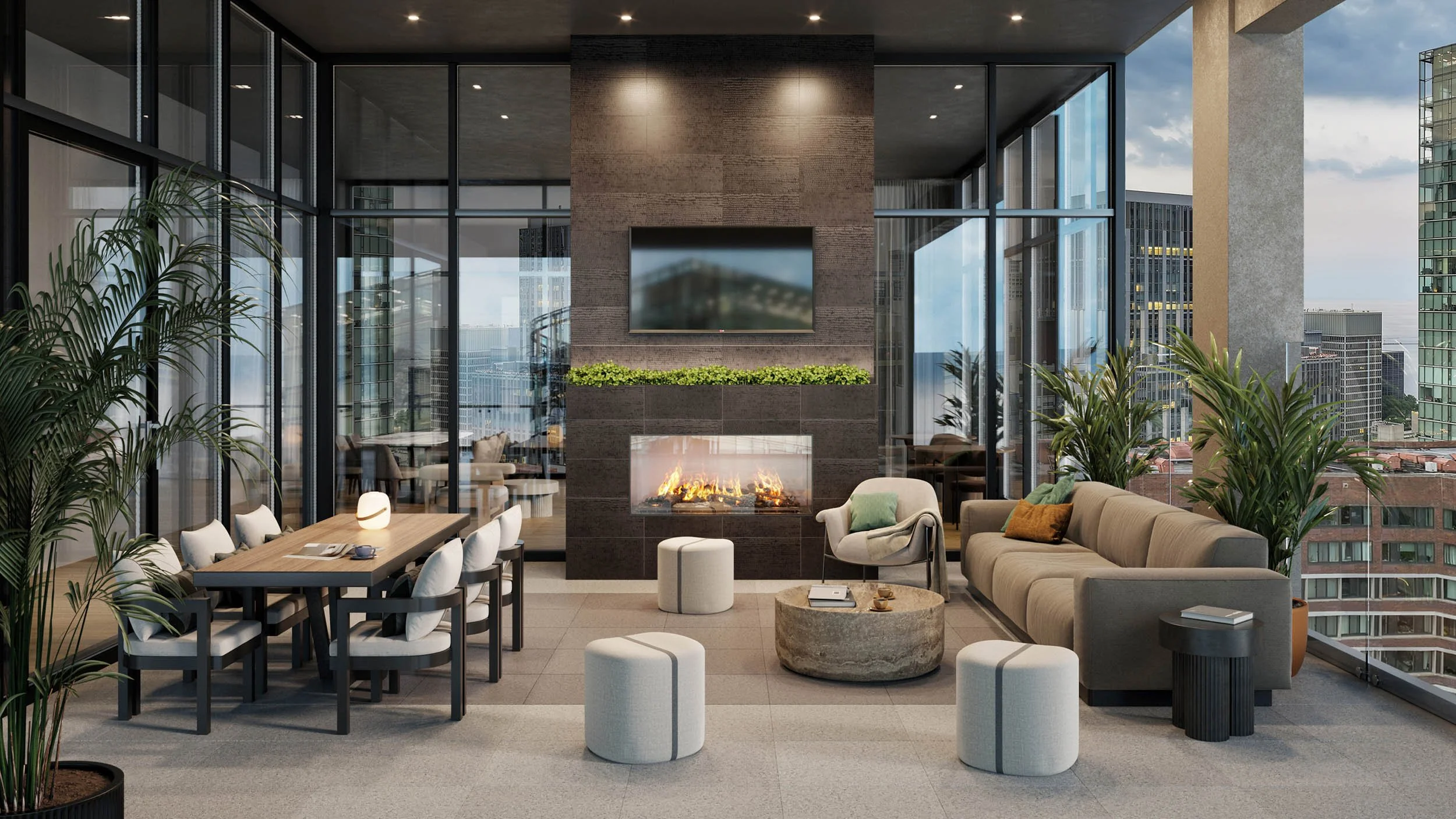 Outdoor amenity terrace with media and fireplace