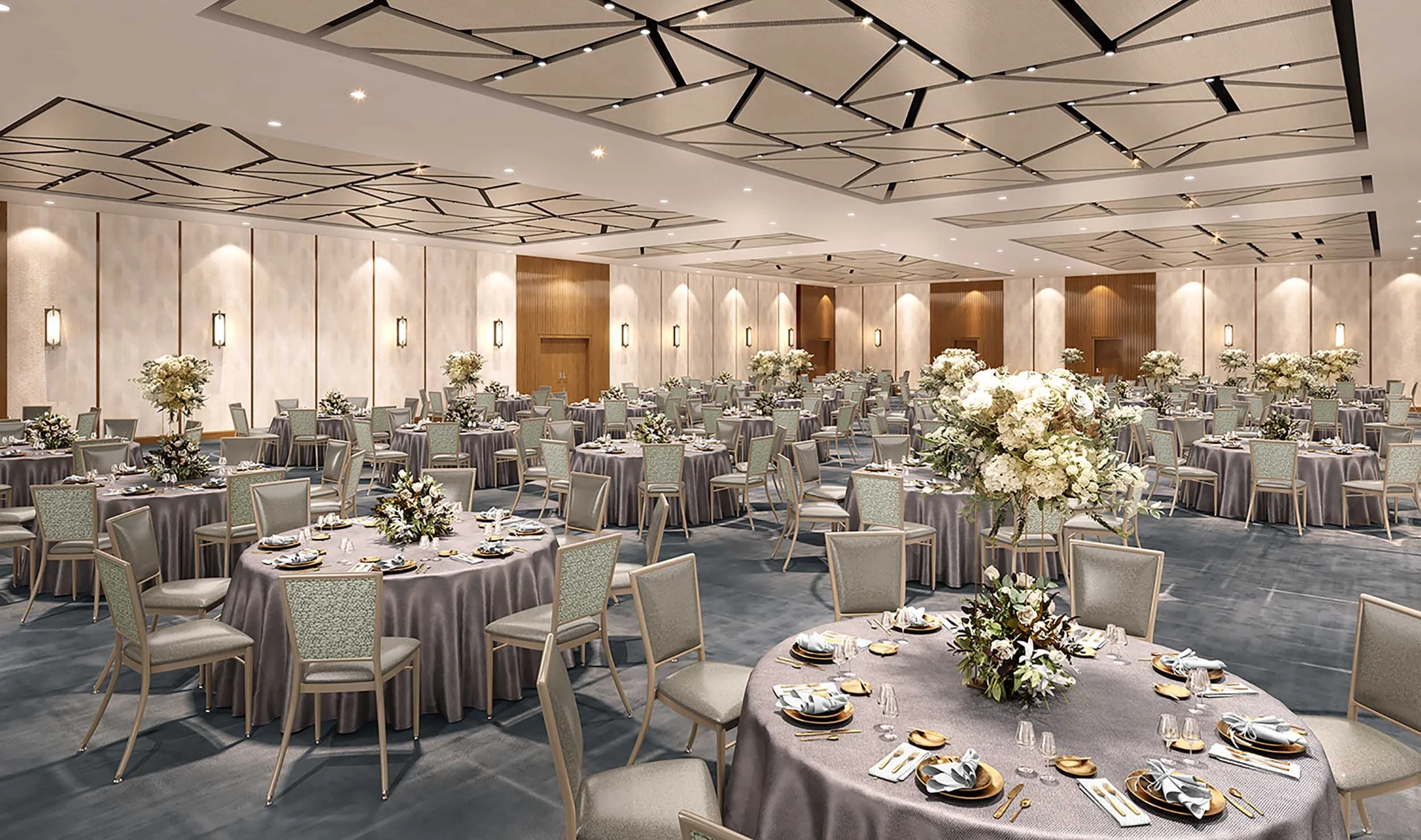 Ballroom with architectural ceiling and light blue carpet