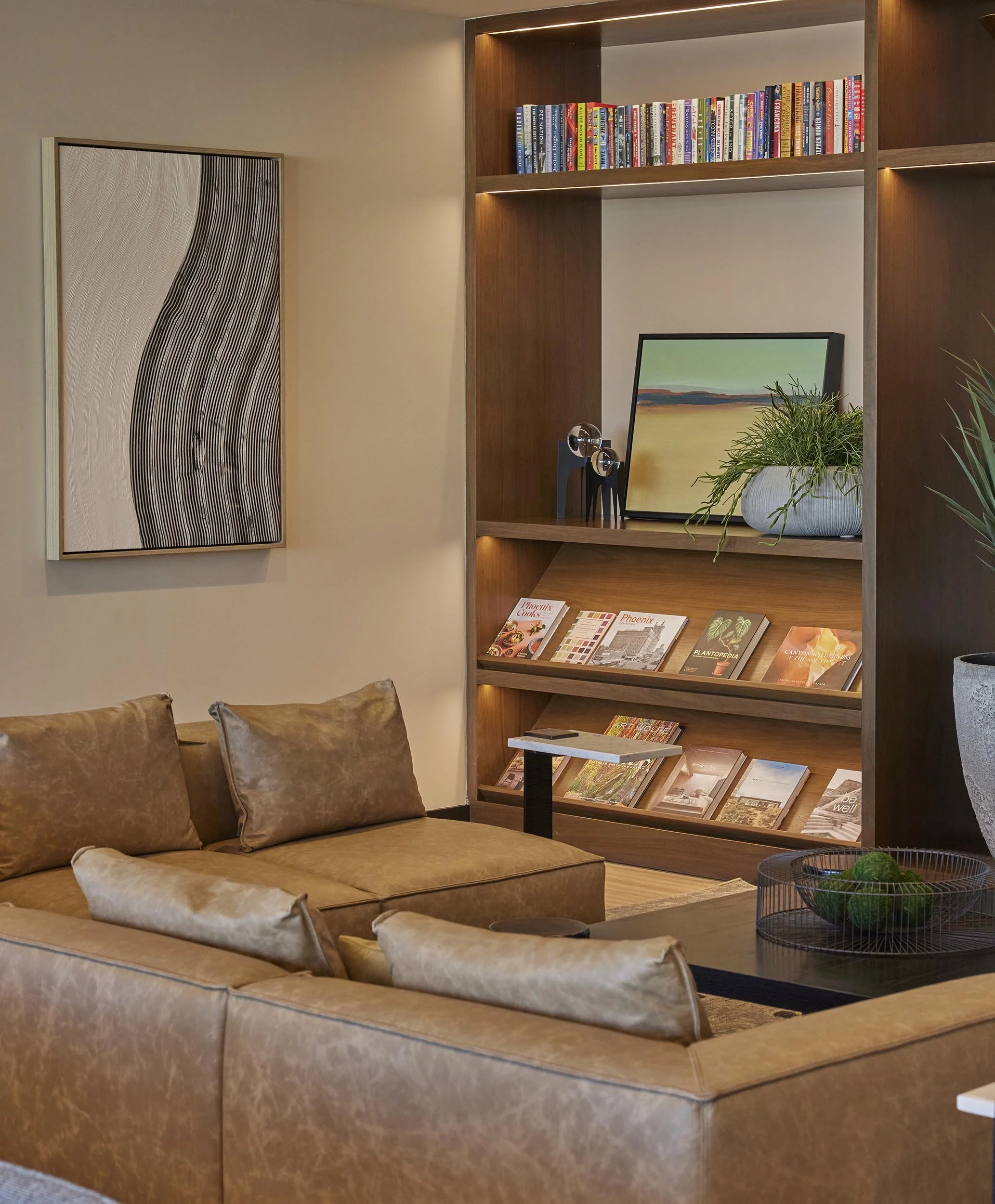 Leather sectional and bookcase millwork