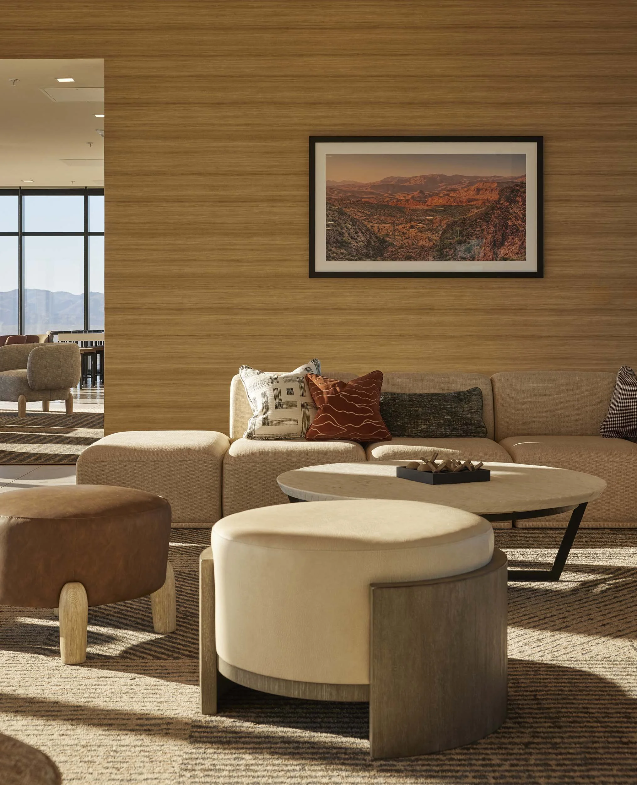 Wood wallcovering, neutral furnishings