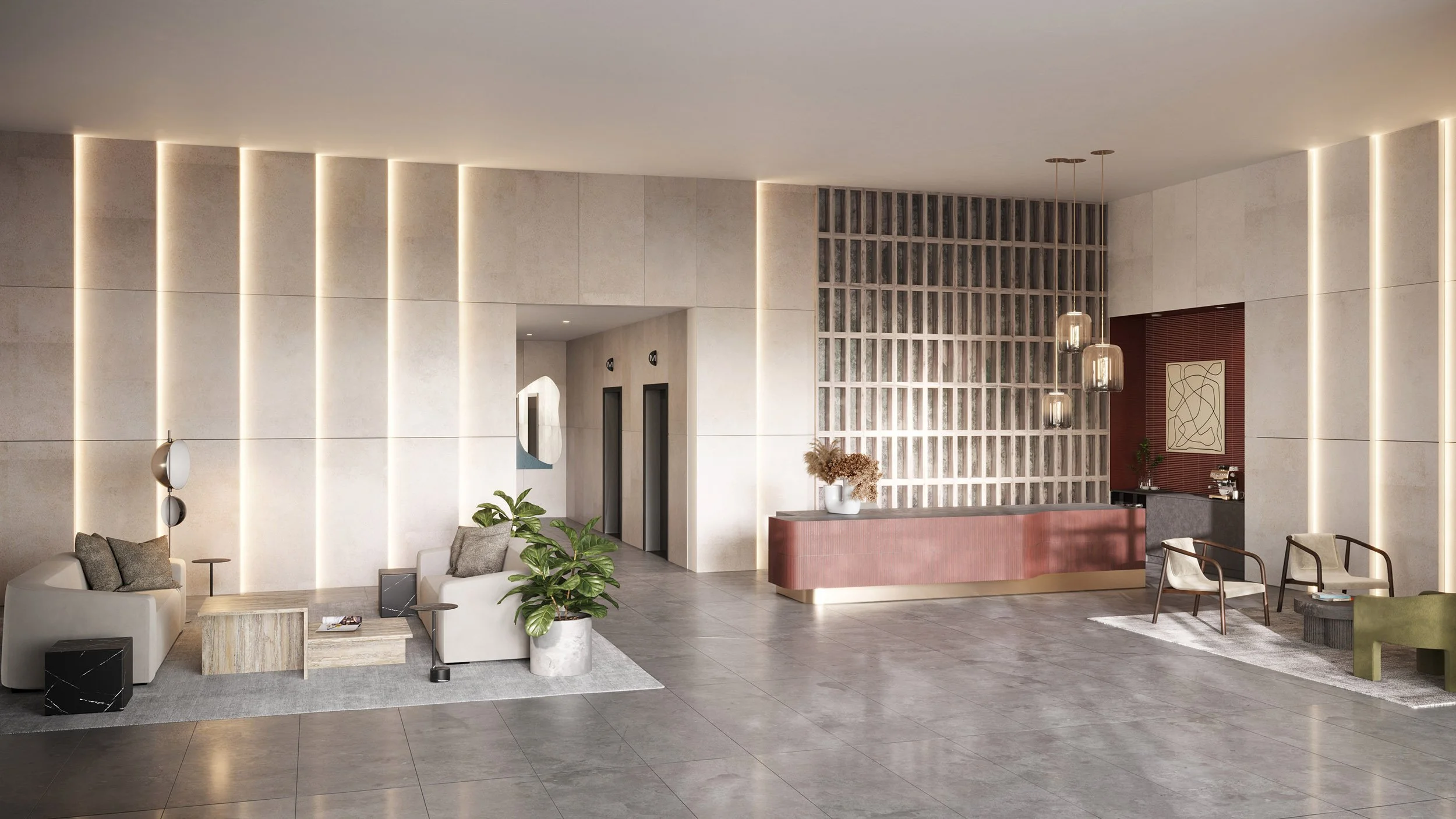Lobby clad in monolithic tile and european furnishings