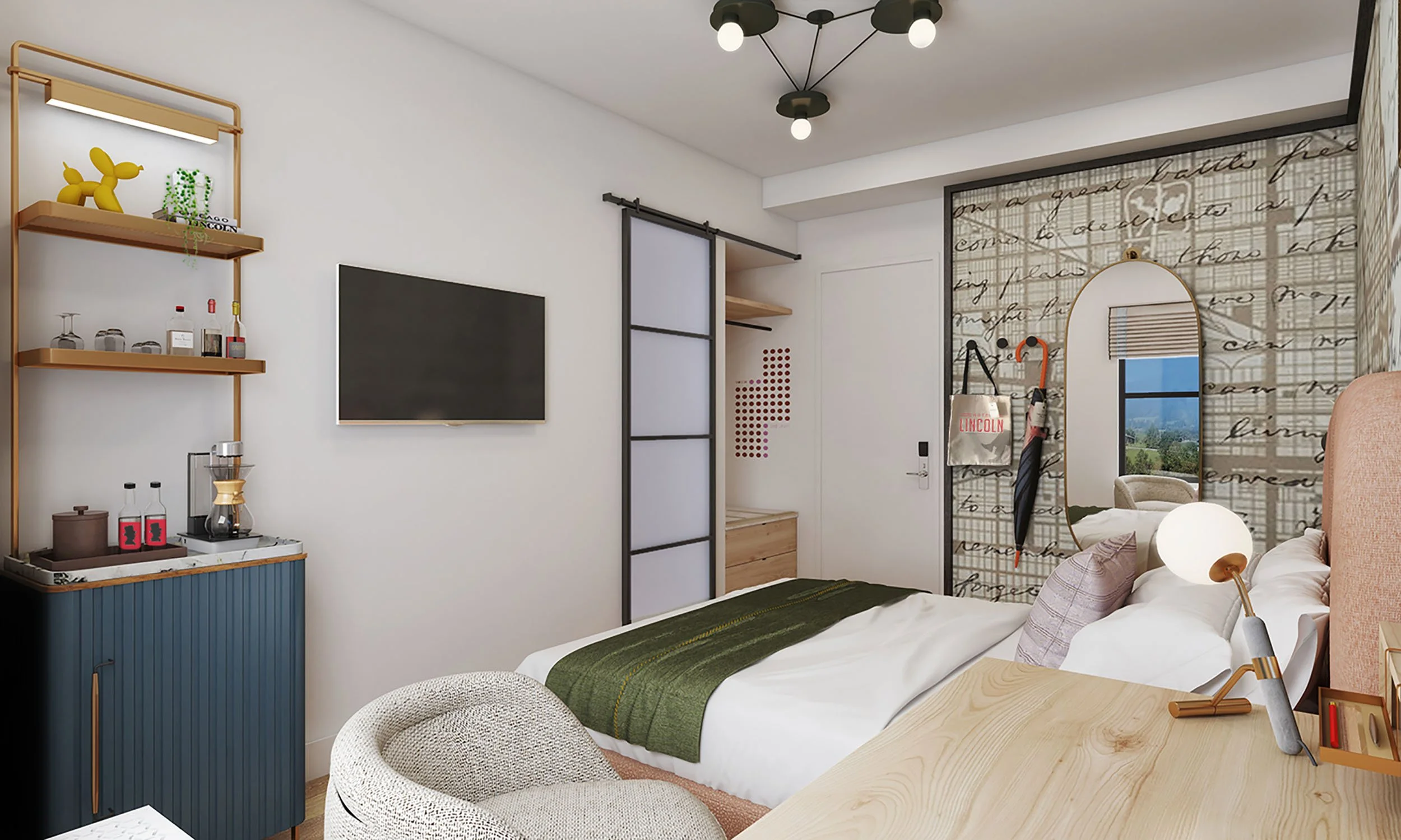 Colorful Hotel Lincoln guestroom with blue and brass hospitality millwork