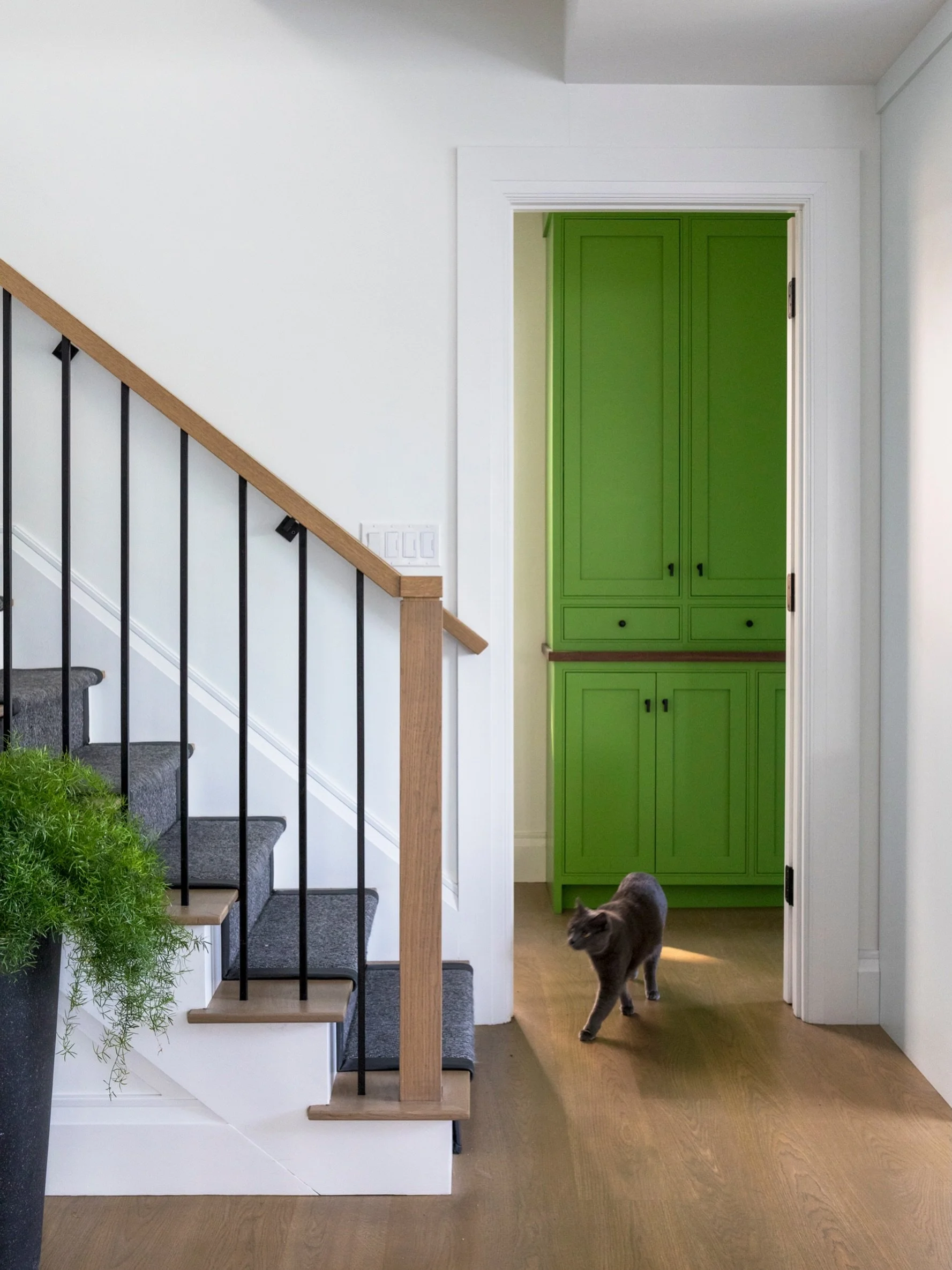 Contemporary, classic, and a bit unexpected. We worked closely with these clients to make this space feel more modern in this traditional Massachusetts home. Pictured here is the apple green pantry door since the family didn&rsquo;t shy away from une
