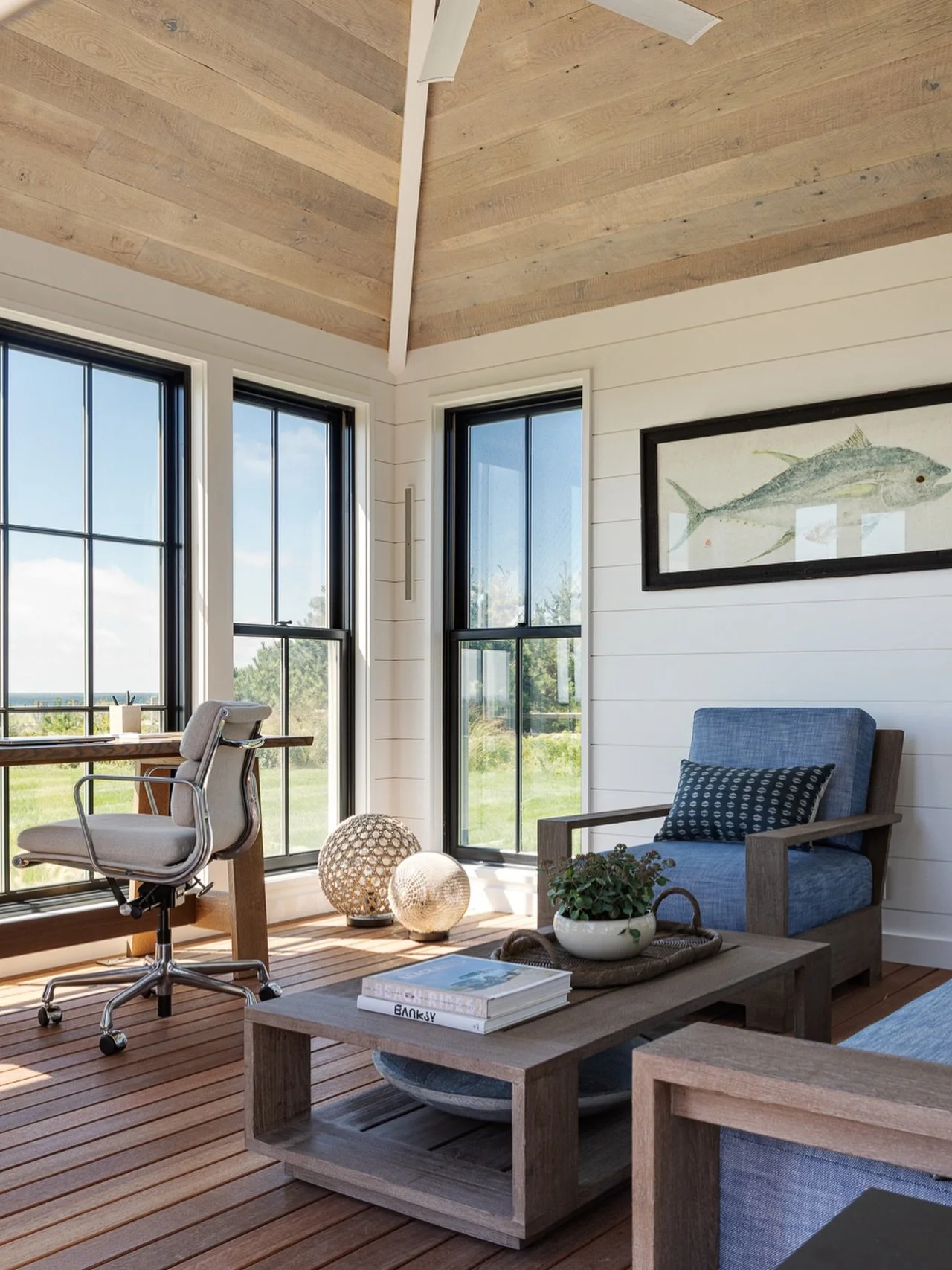 Recreation and relaxation all in one at our Ocean&rsquo;s Edge home. After the initial project, our team designed a new expanded outdoor bar and kitchen, and an executive home office. ⁠The perfect office and escape for the home owner with an ocean vi