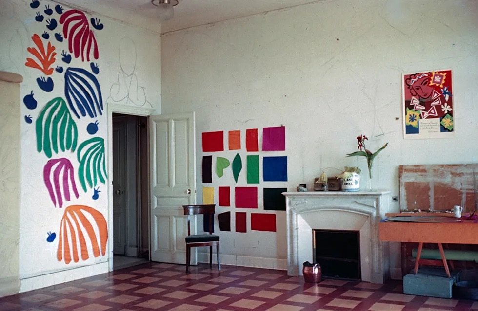 Sometimes we need time away to truly realize a new way of thinking and living.

Pictured here on the walls of his room at the H&ocirc;tel R&eacute;gina, Nice, in 1952 are the beginnings of The Parakeet and the Mermaid. A cut out composition created d