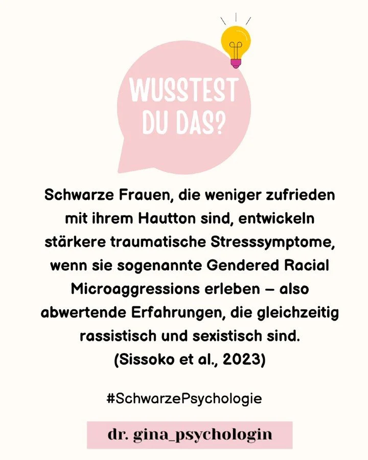 Meine eigene Studie zeigt: Gendered Racism ist traumatisch &ndash; und internalized colorism macht das alles noch schlimmer. 
Warst du schon mal mit deiner Hautfarbe unzufrieden?

#schwarzepsychologie #schwarzepsychologin #blackmentalhealth #colorism