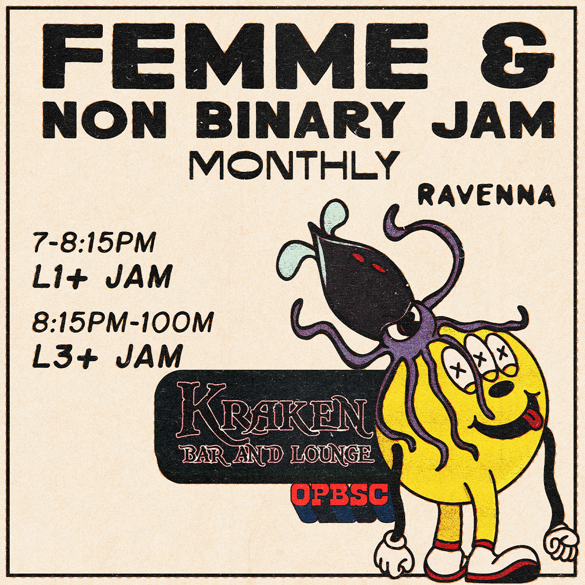 Open to femme and non-binary pickers at the Kraken Lounge in the Ravenna Neighborhood. 

UPCOMING JAMS
01/29/26
02/26/26
03/26/26