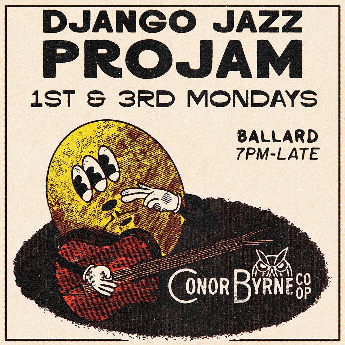 Stop by the Conor Byrne CO Op 1st & 3rd Mondays for a special OPBSC Scene Showcase at 7pm for a Djangograss show, with a projam to follow. 