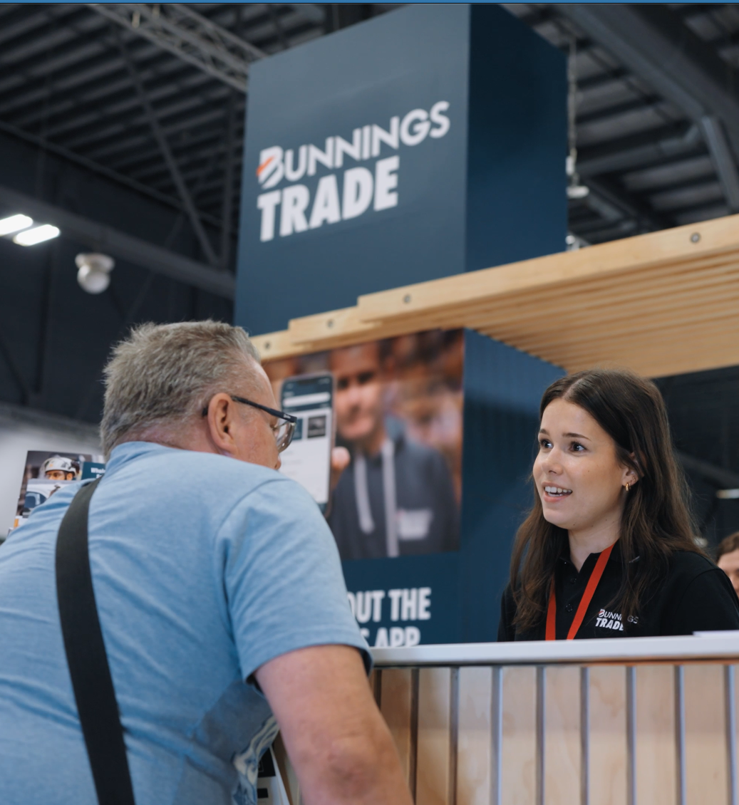 Good Morning Creative interviewing a Bunnings spokesperson at the Bunnings Trade Expo stand