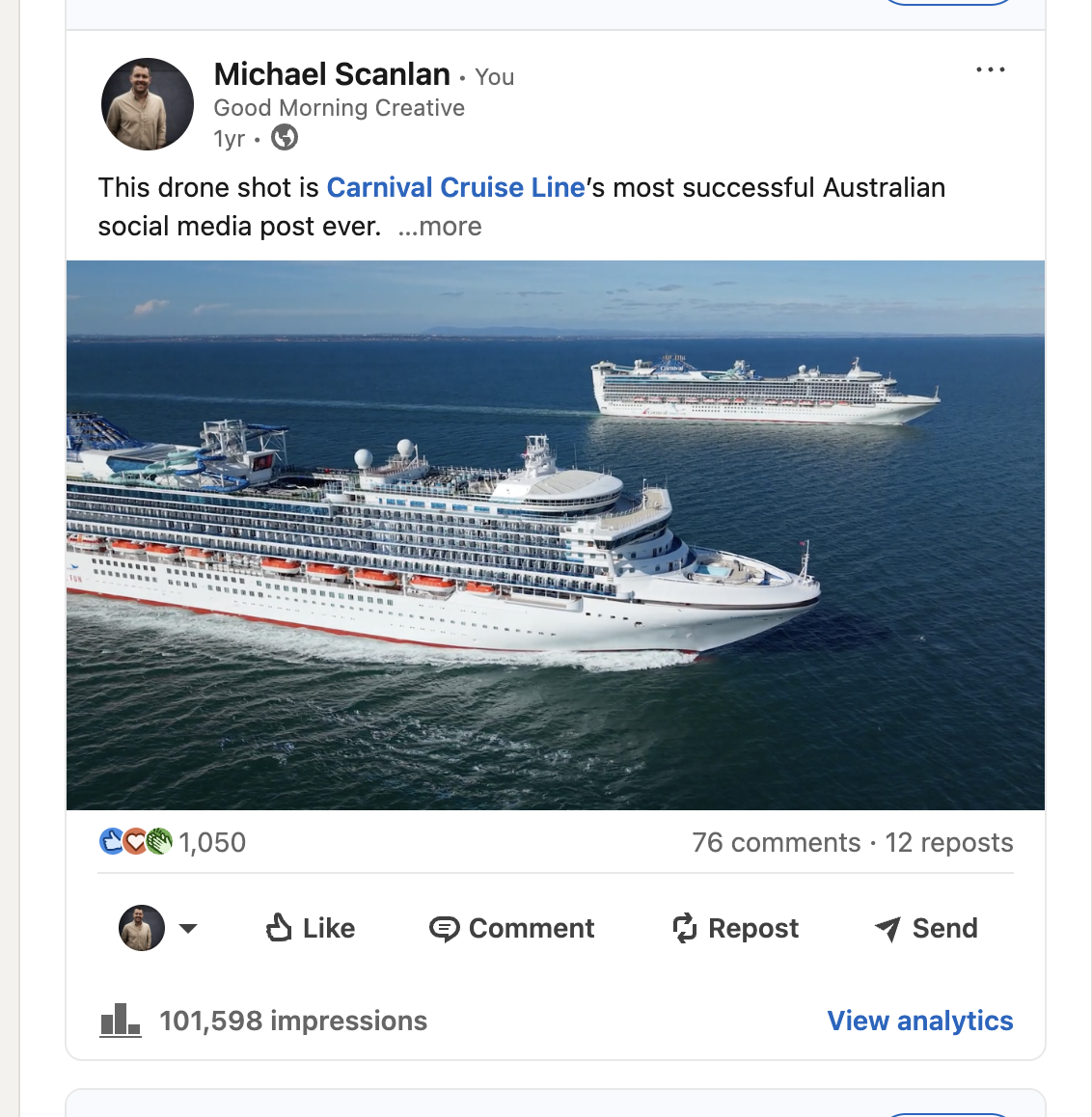 Carnival's social post of the two ships sailing side by side