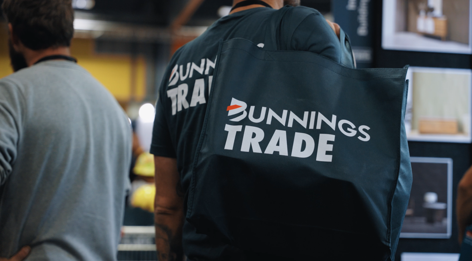 Bunnings Trade branded bag at the Bunnings Trade Expo, filmed by Good Morning Creative