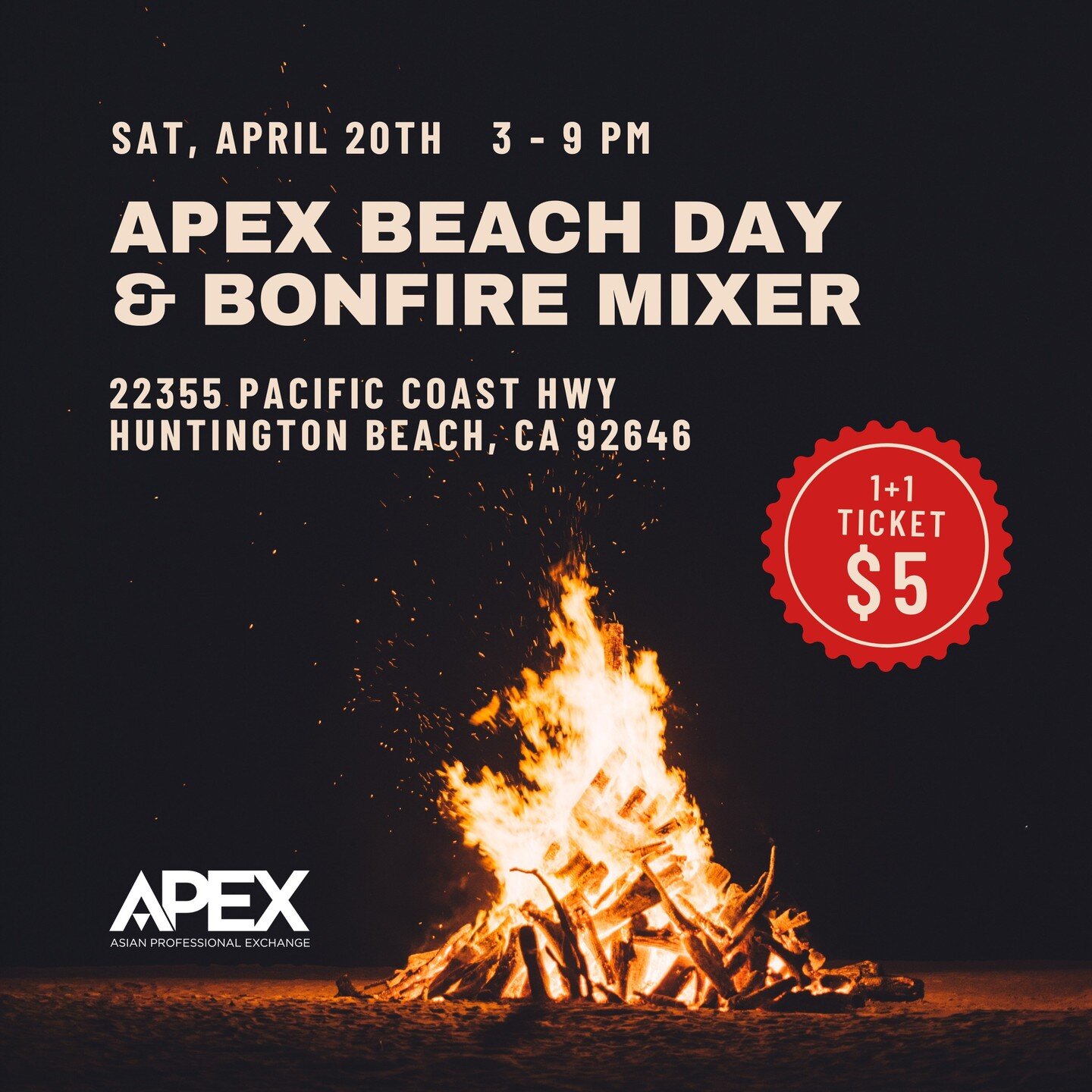 Join Apex for a Beach Day and Bonfire Mixer! 

🔥 beachfront firepit 
🧺 picnic area
🍪 🍫🥤an assortment of light food, snacks, and beverages 

$5 ticket + bring a friend for free 

RSVP link in the bio

*Parking fees ($20) are not included with the