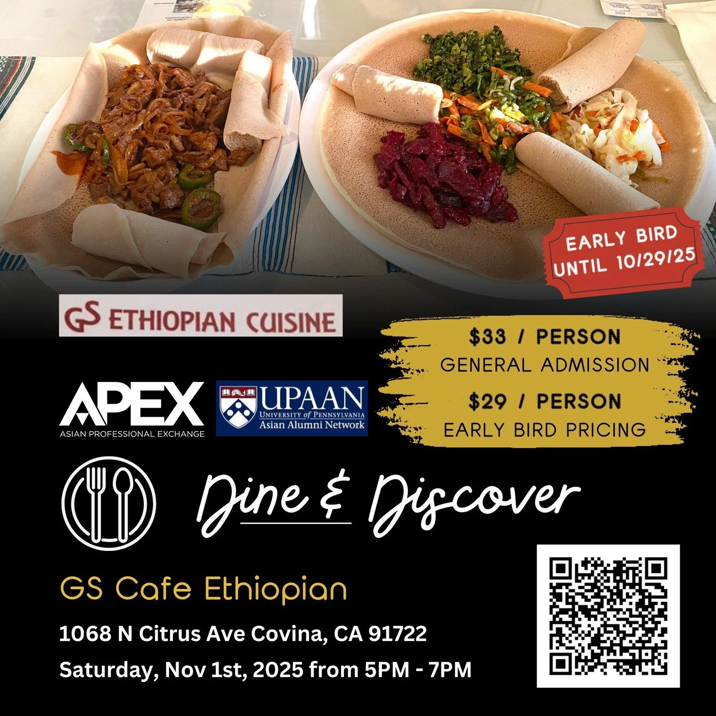 Join us for our next Dine & Discover event at GS Cafe Ethiopian!
📍 Location: GS Cafe Ethiopian 
🏠 Address: 1068 N Citrus Ave, Covina, CA 91722 
📅 Date: Saturday, November 1st 
🕔 Time: 5:00 PM - 7:00 PM PST 
Don't miss out on our early bird