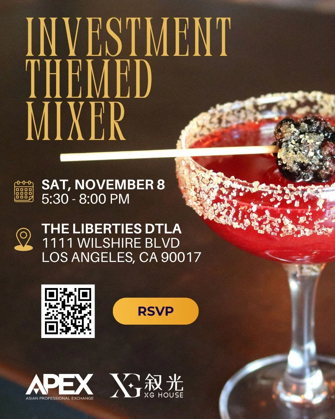 Join us for our Investment Themed Mixer, which will take place immediately after our Investment 101 Workshop!
📅 Date: Saturday, November 8, 2025
⏰ Time: 5:30-8:00 PM
📍 Location: The Liberties DTLA (1111 Wilshire Blvd, Los Angeles, CA 90017)
RS