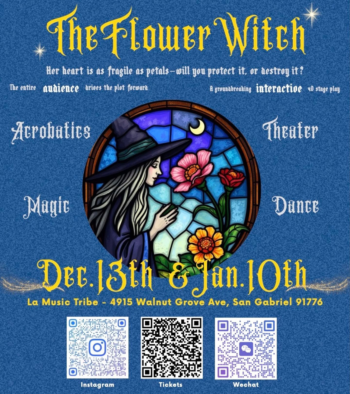 🌸The Flower Witch&mdash;An Immersive Stage Play shaped by the Audience

✨Her heart is as fragile as petals&mdash;will you protect it, or destroy it?
📌 Perfect for:
Fantasy &amp; immersive theatre fans
Magic &amp; acrobatics lovers
Romance story ent