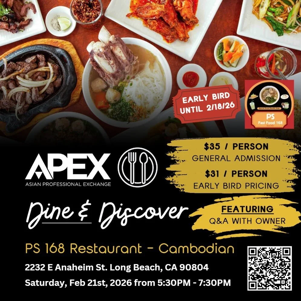 Join us at our next Dine &amp; Discover at PS 168 Restaurant - Cambodian on Feb 21st.

🎟️ Early Bird (until 2/18): $31
🎟️ General Admission: $35

RSVP link in bio.

Hope to see you there!

#apexorg #apexdineanddiscover #losangeles #foodie #cambodia