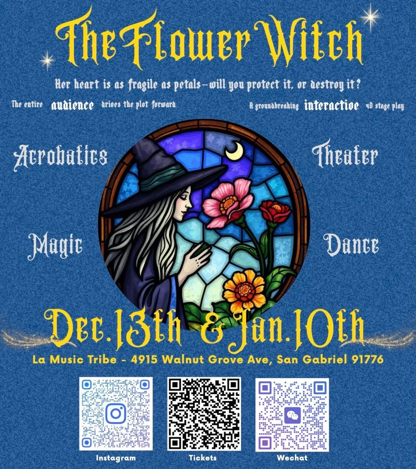 🌸The Flower Witch&mdash;An Immersive Stage Play shaped by the Audience

✨Her heart is as fragile as petals&mdash;will you protect it, or destroy it?
📌 Perfect for:
Fantasy &amp; immersive theatre fans
Magic &amp; acrobatics lovers
Romance story ent