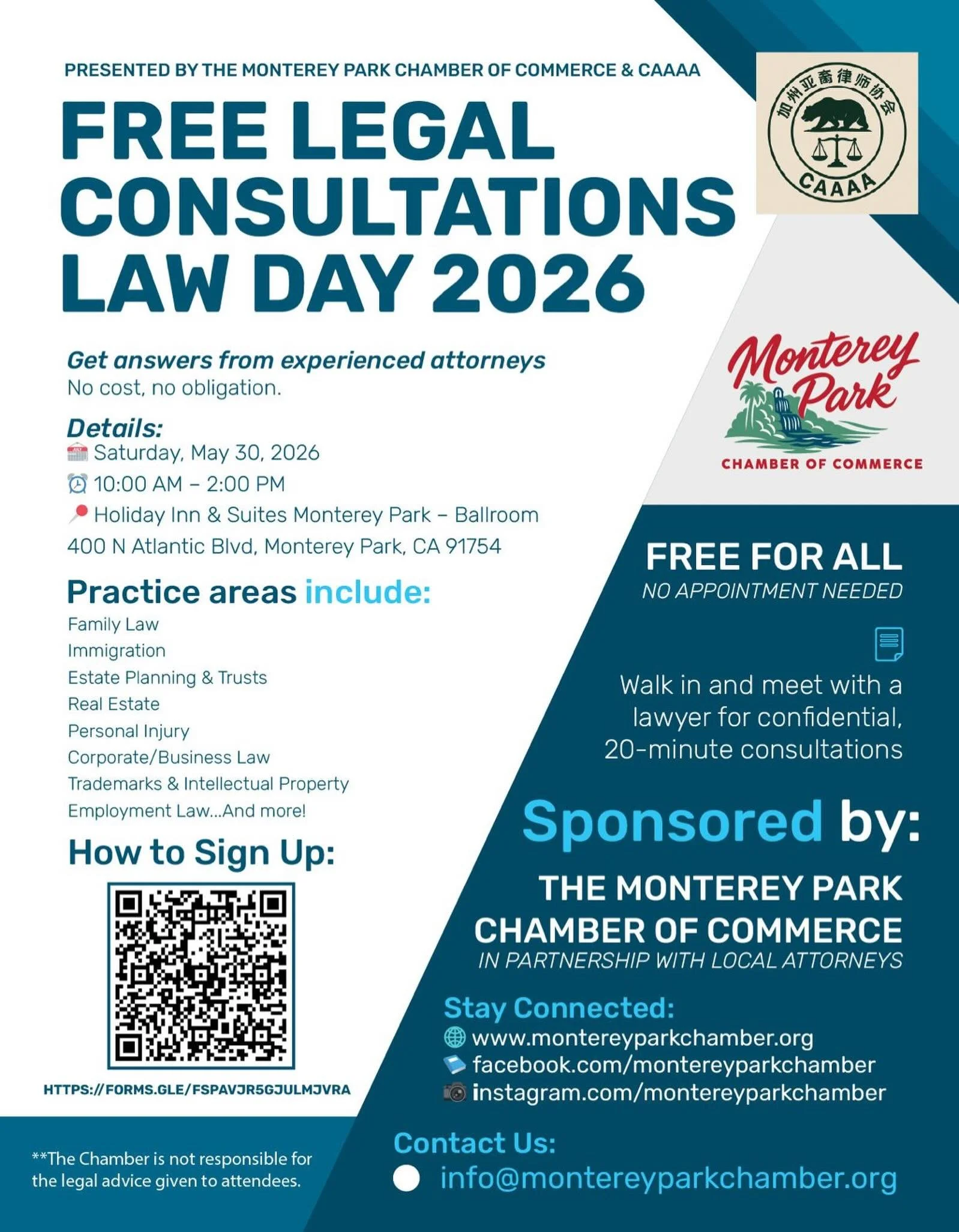 Join us for Law Day 2026 &mdash; presented by our friends at the Monterey Park Chamber of Commerce &amp; the California Asian American Attorneys Association &mdash; where you can meet with a lawyer for confidential, 20-minute consultations. 

RSVP li