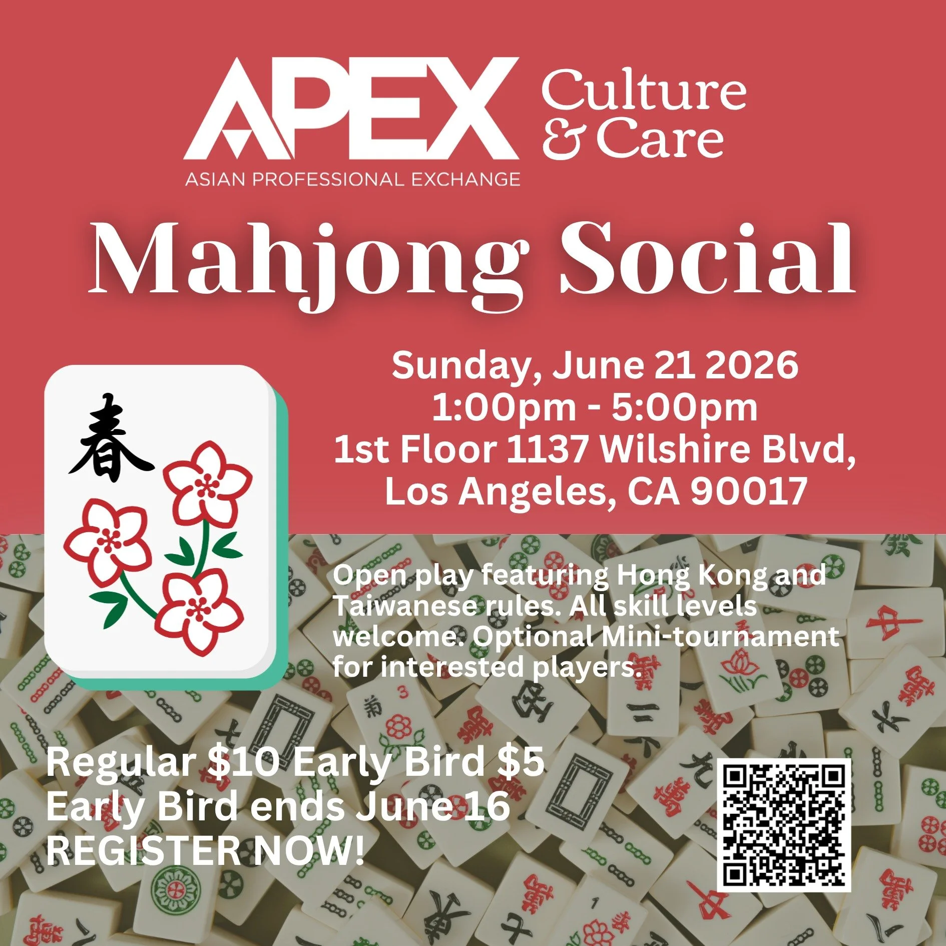 Join us at our upcoming APEX Culture &amp; Care: Mahjong Social on Sunday, June 21, from 1:00 - 5:00 pm PST.

Early Bird (ends June 16): $5
Regular: $10

Link to RSVP in bio.

See you there!

#apexorg #mahjong #losangeles #community #events