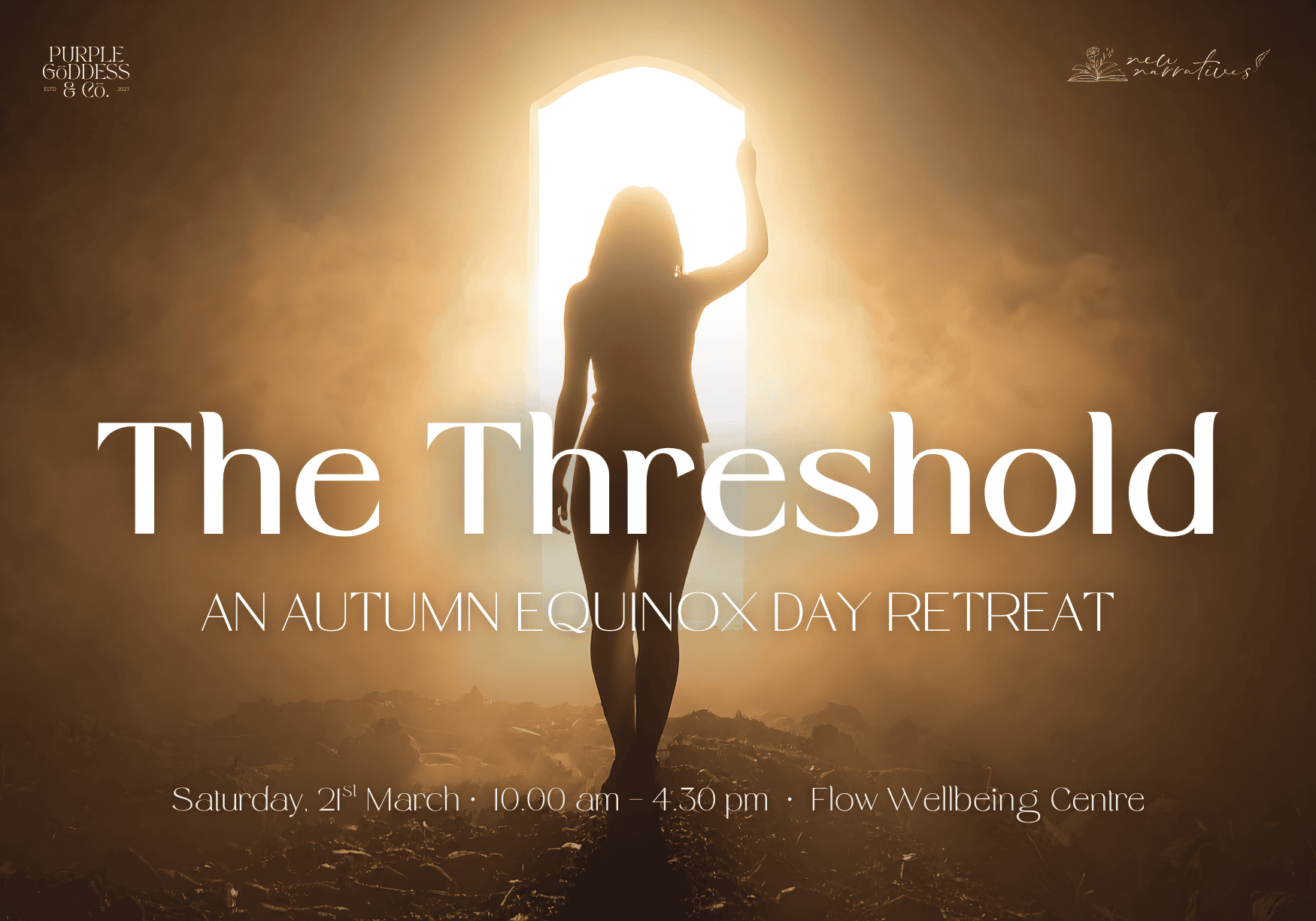 A silhouette of a woman walking over the threshold of an open door filled with light