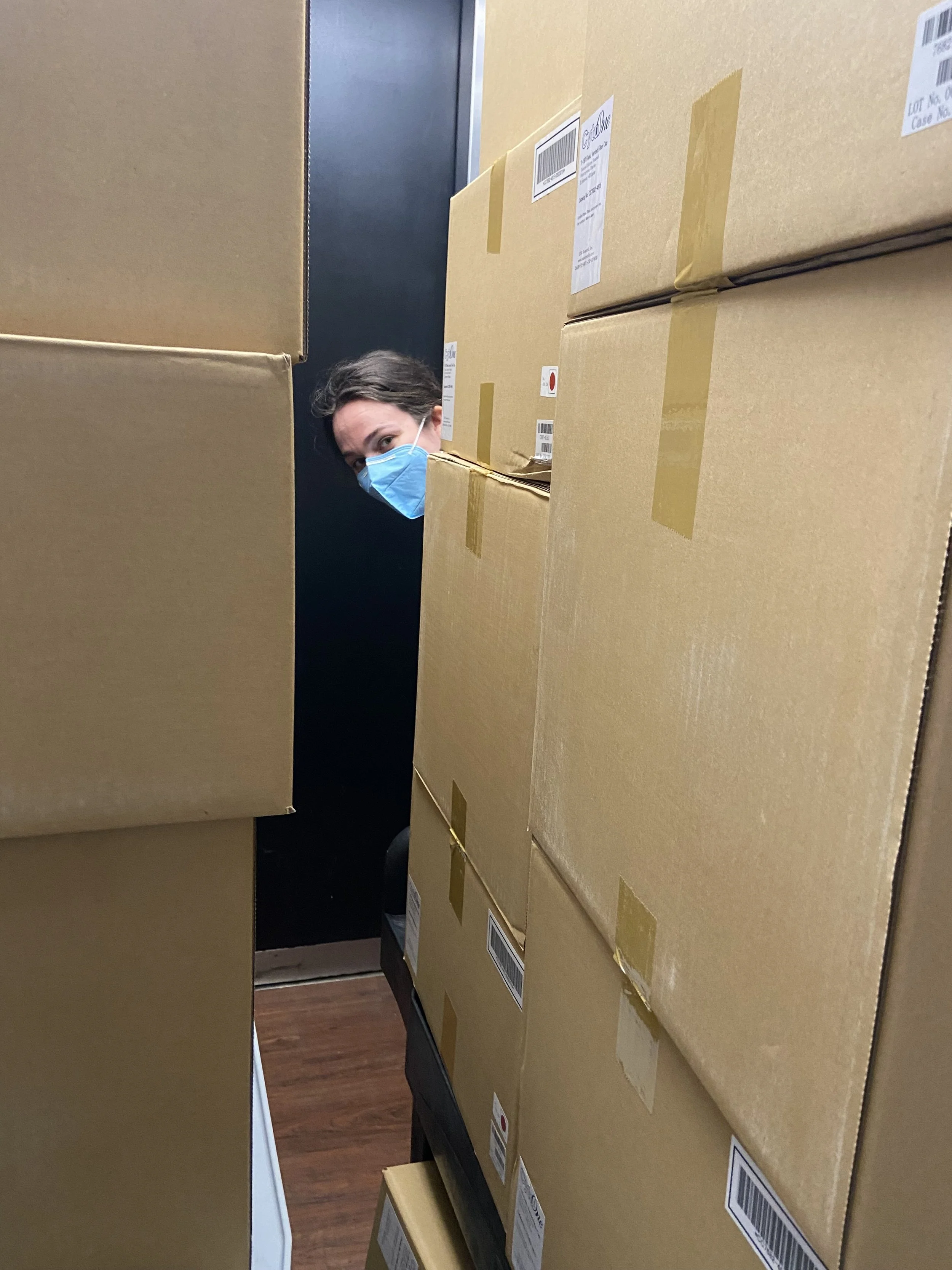 2024: Molly hiding behind piles of boxes in route to the lab from the loading dock!