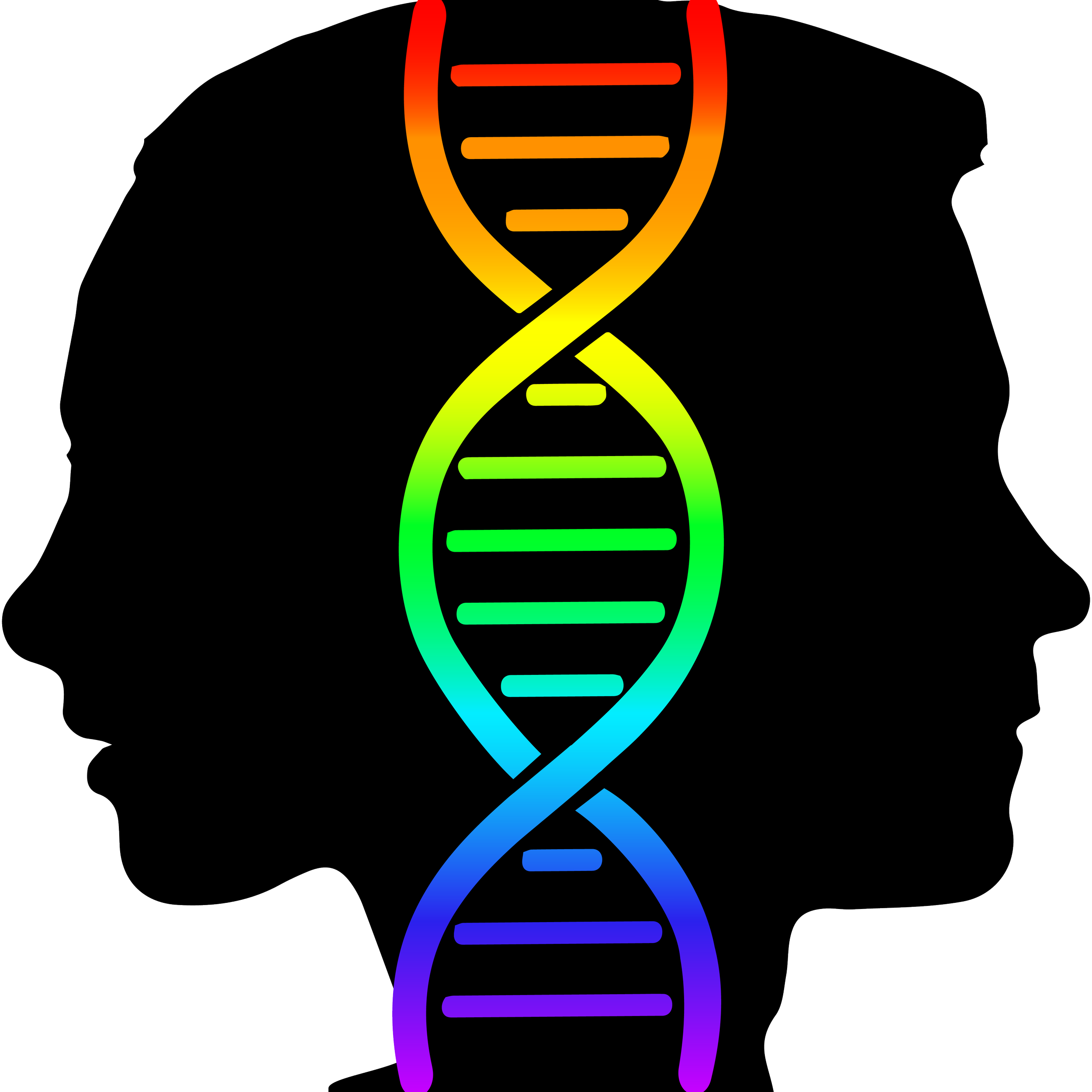 Silhouettes of a human face on each side with a colorful DNA double helix in the center.