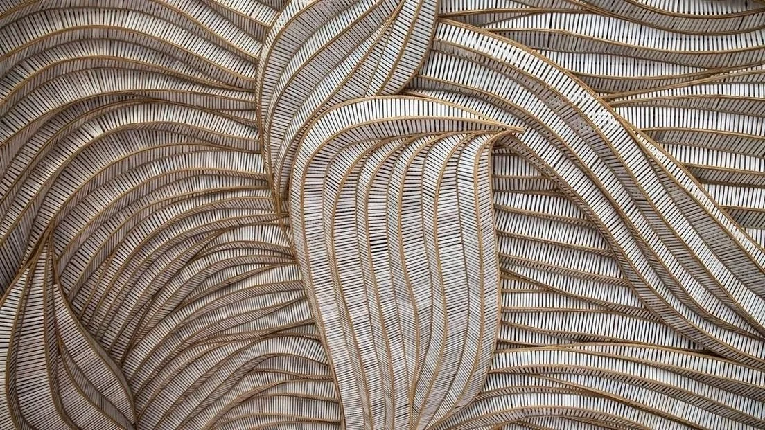 Intricate woven artwork with curved natural fibre patterning