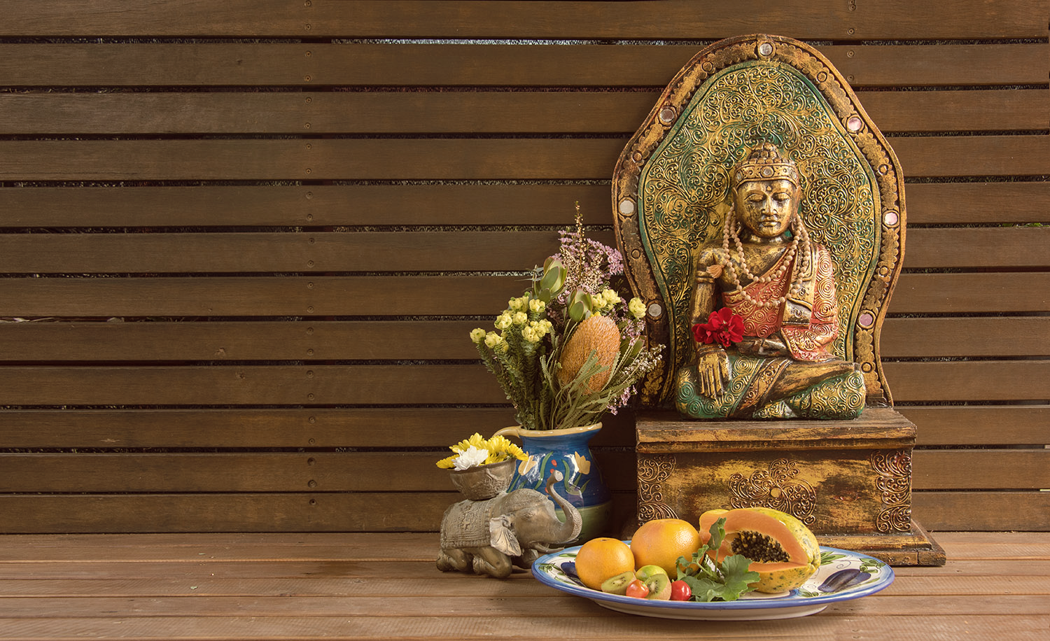 Yoga altar with flowers and offerings at Avalokita Yoga