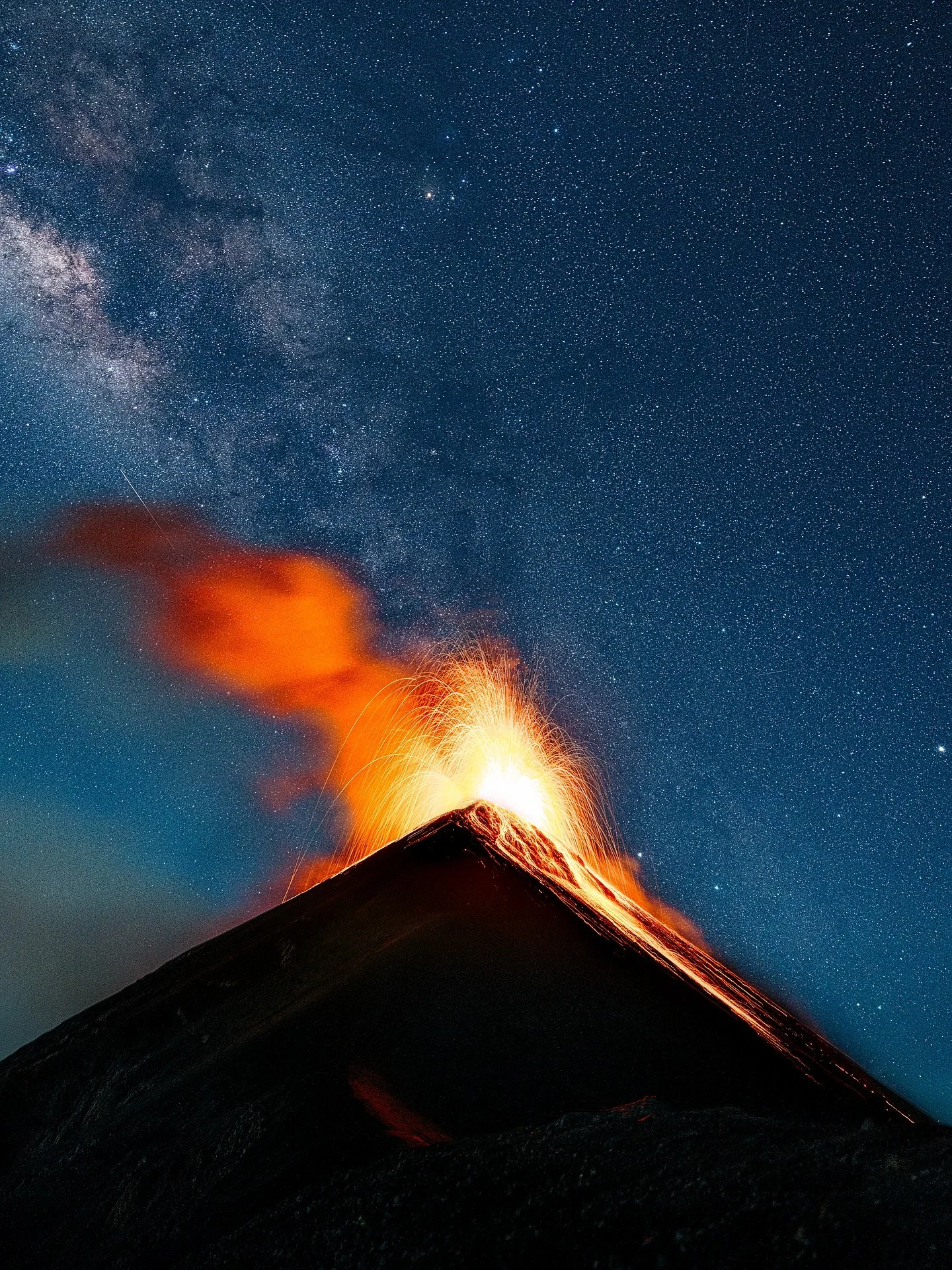 Kinda hard to put into words what it feels like to hike at 3 a.m. to watch an active volcano erupt with the Milky Way perfectly aligned behind it. Good thing I&rsquo;m a photographer doing my best to capture it.
Acatenango and Fuego, what an adventur