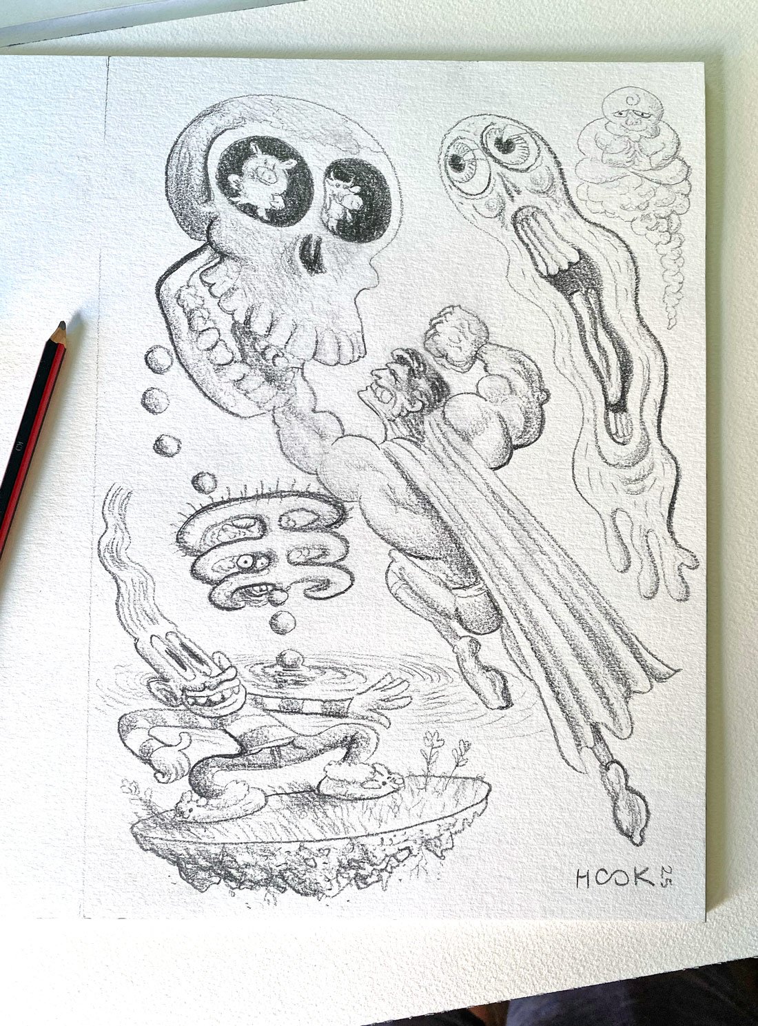 Original pencil drawing, by Andy Hook: 'Skullhome-superdude-screamghost-spaceisland'