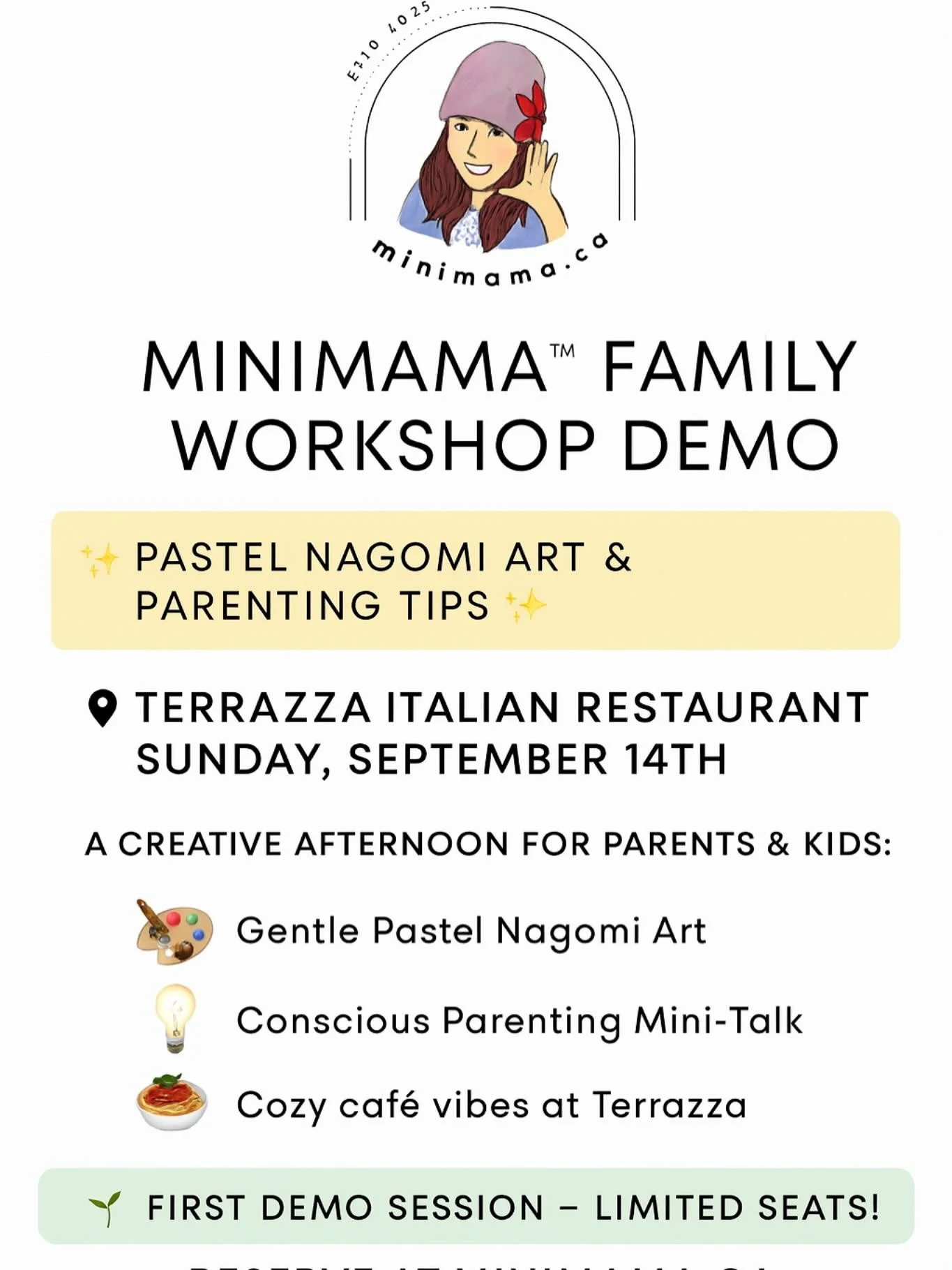 MiniMama&trade; is hosting our very first Family Workshop Demo at Terrazza Italian Restaurant! 💕

Bring your kids and join us for:
🎨 Gentle Pastel Nagomi Art (easy + creative for all ages)
💡 A quick Conscious Parenting tip you can use right away
?