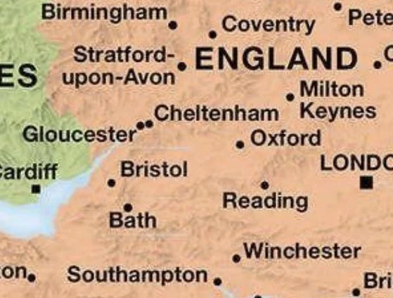 Map showing part of south west and southern England with cities including Birmingham, Coventry, Stratford-upon-Avon, Cheltenham, Gloucester, Cardiff, Bristol, Bath, Southampton, Reading, Oxford, Winchester, London,