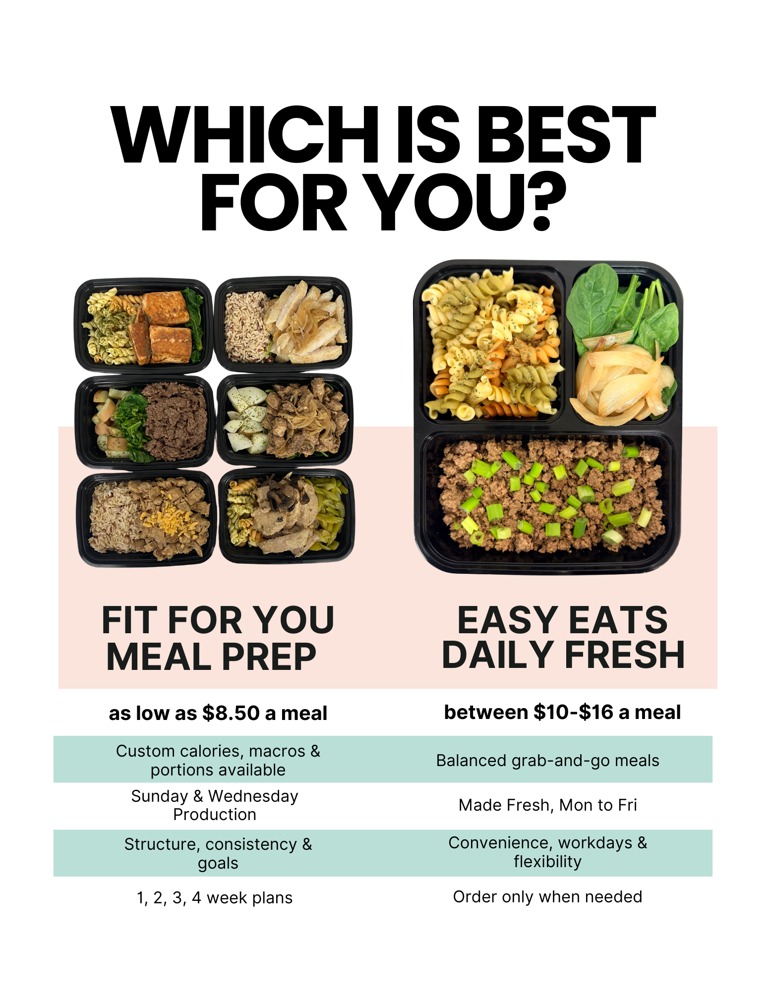 An advertisement comparing meal prep options: on the left, "Fit for You Meal Prep" with various pre-portioned meals priced as low as $8.50, emphasizing structure, goals, and weekly plans; on the right, "Easy Eats Daily Fresh" with fresh, made-to-order meals costing between $10 and $16, highlighting convenience, flexibility, and order-on-demand.